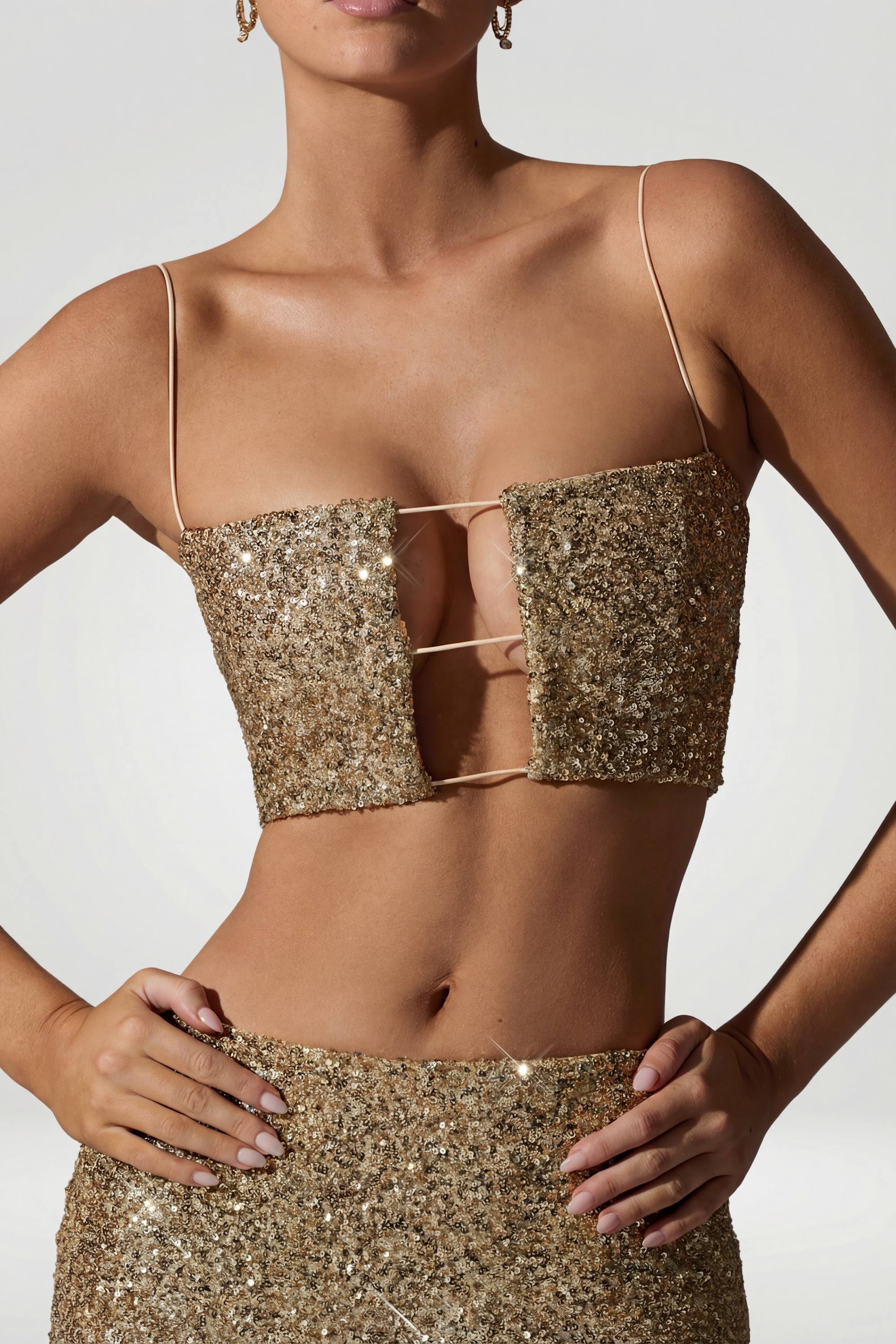 Embellished Cut-Out Crop Top in Gold - Image 4