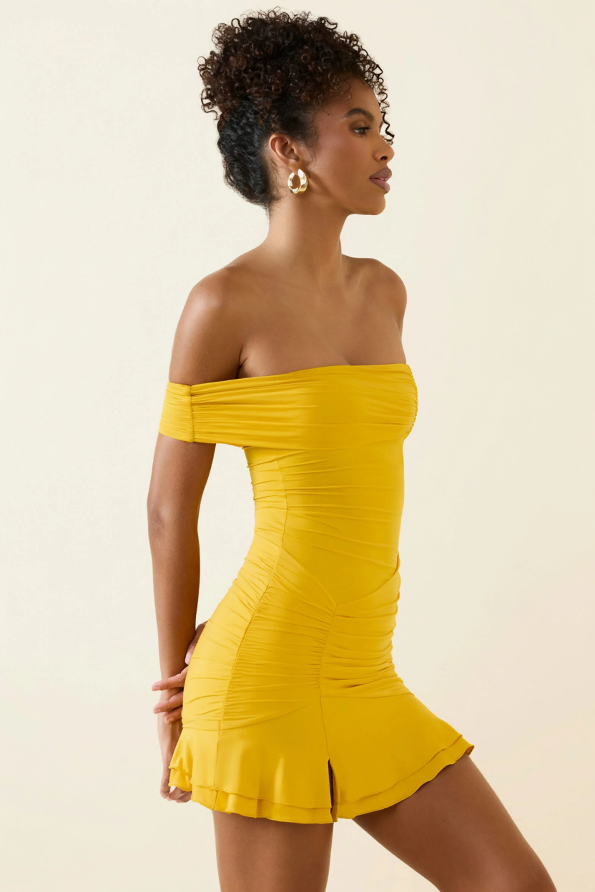 Asymmetric Ruched One-Shoulder Mini Dress in Golden Yellow - Image 3