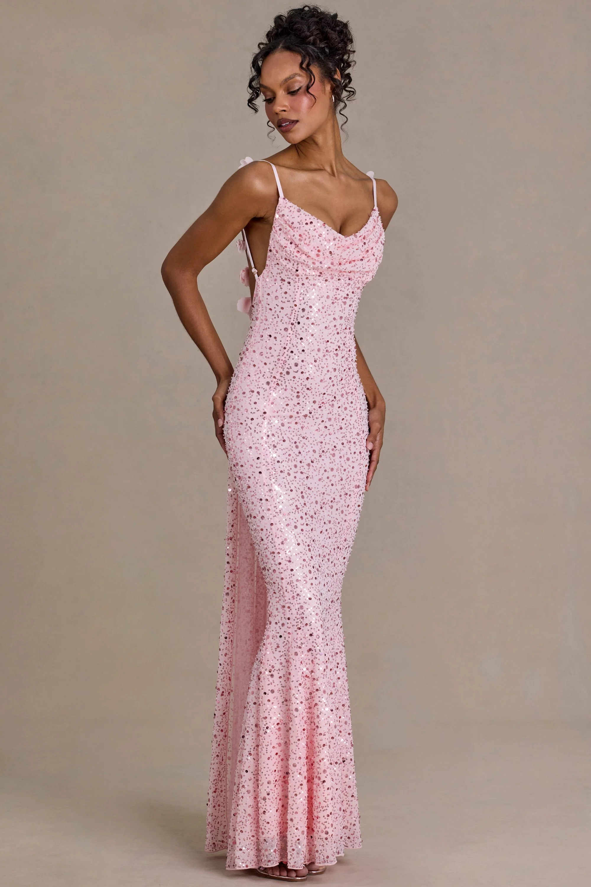 Embellished Open-Back Maxi Dress in Baby Pink - Image 4