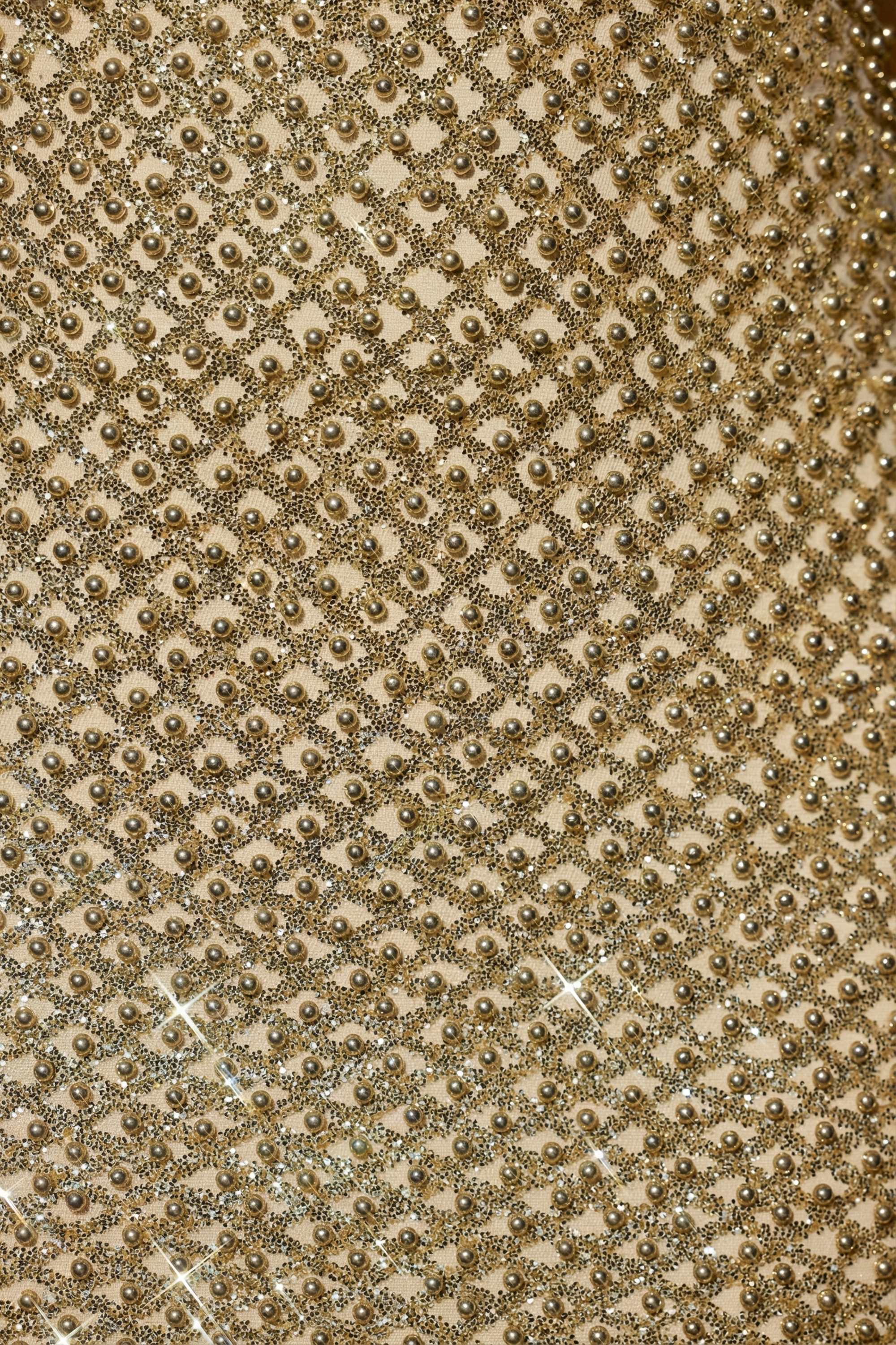 Embellished Cowl-Neck Mini Dress in Gold - Image 6