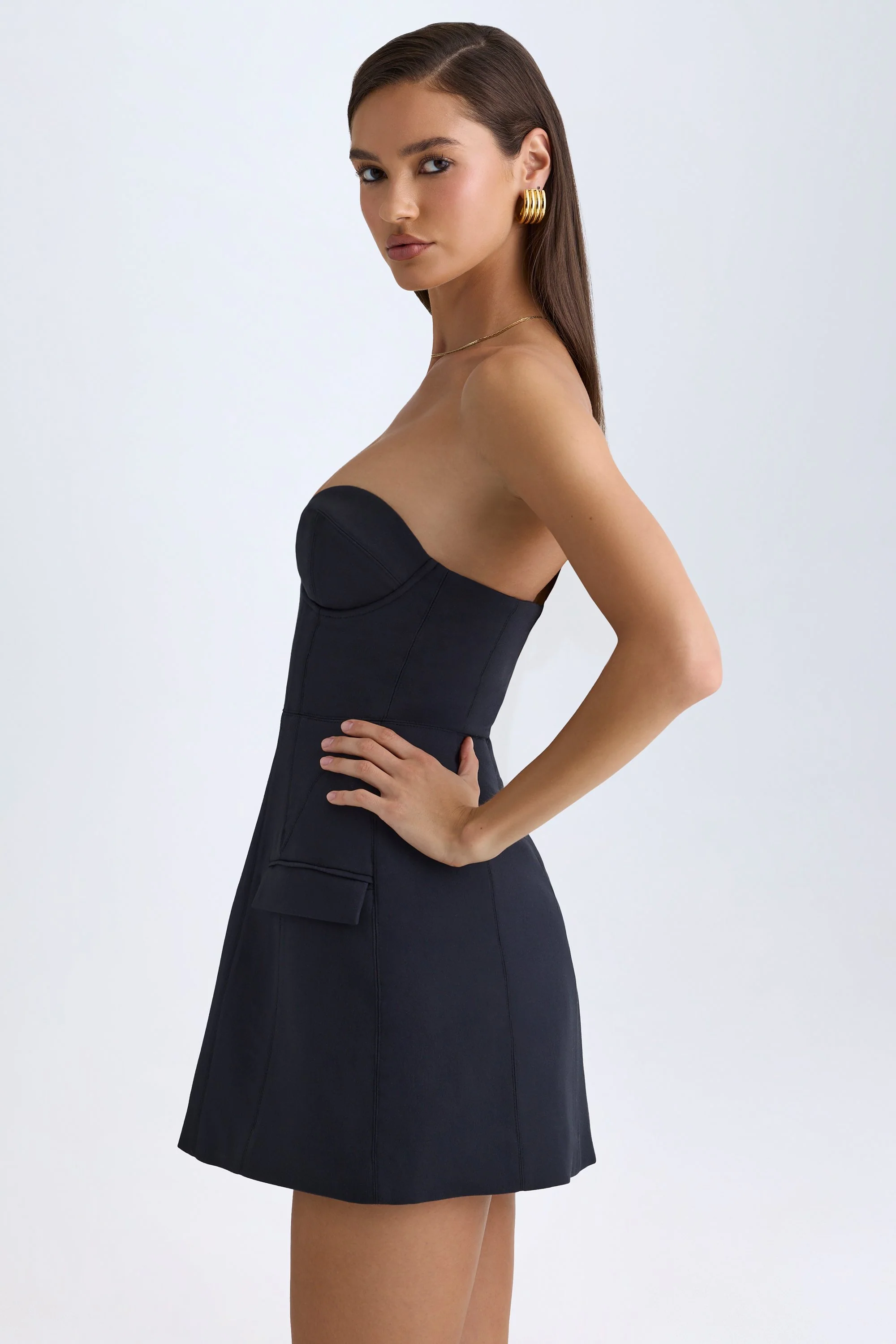 Strapless Structured Tulip Mini Dress in Black - Image 3