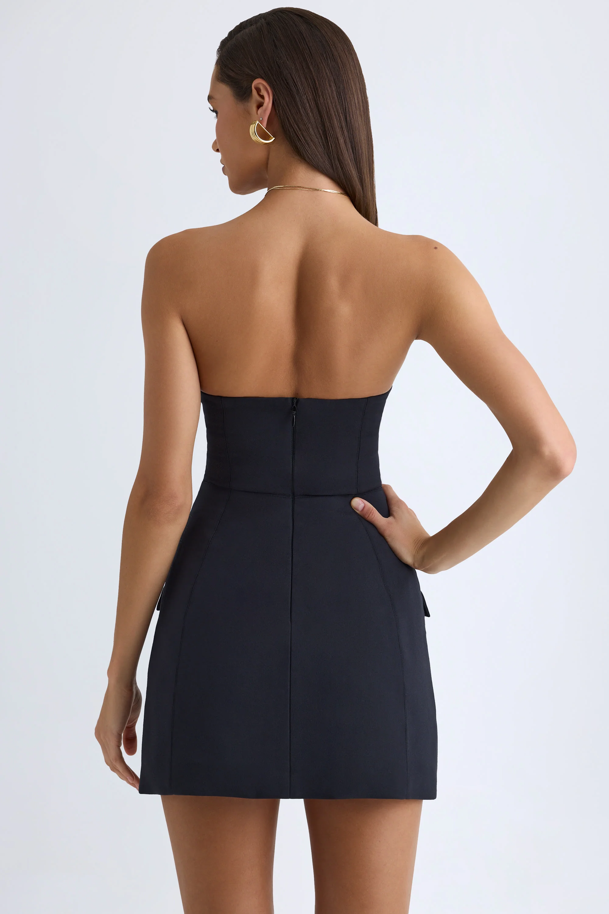Strapless Structured Tulip Mini Dress in Black - Image 4