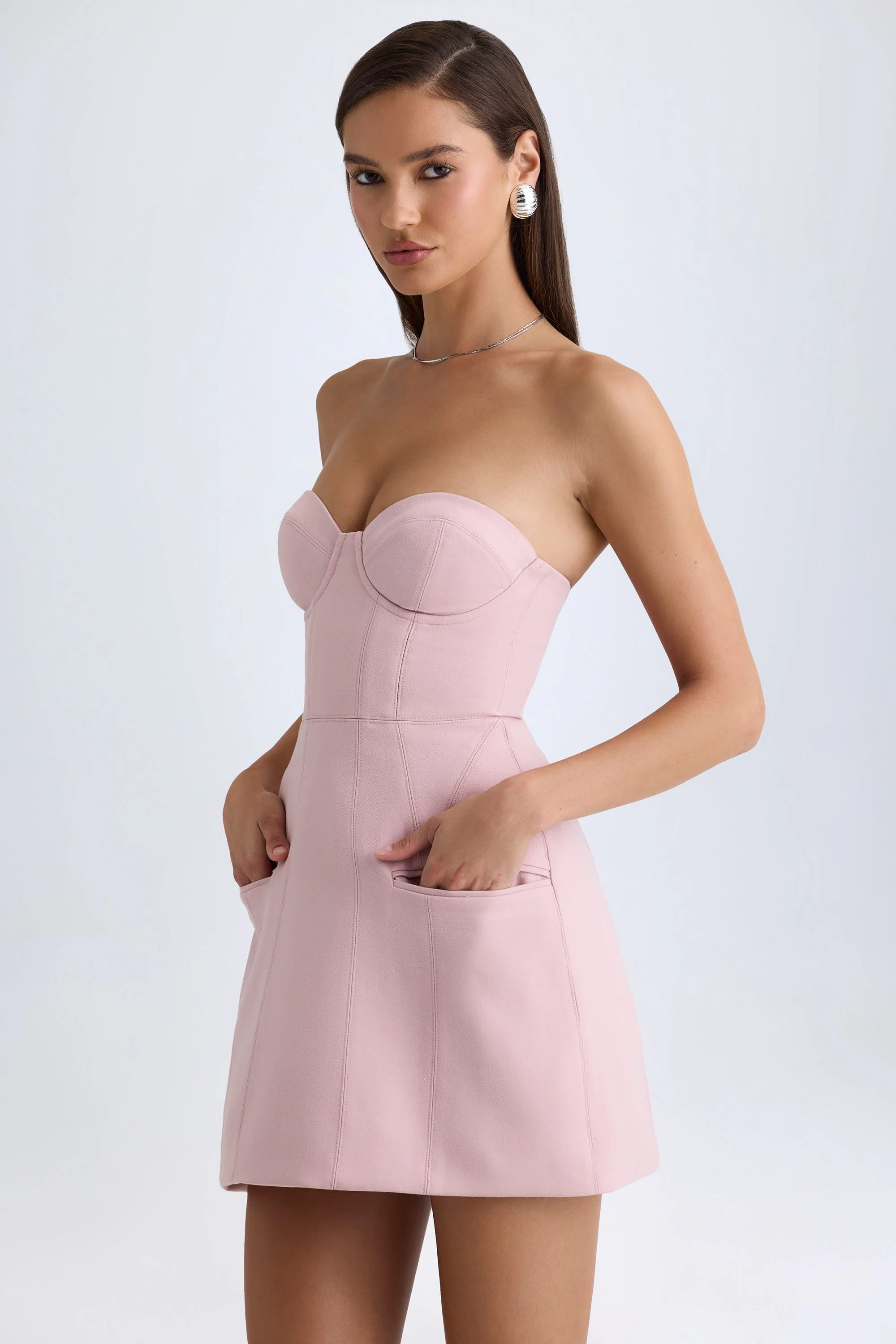 Strapless Structured Tulip Mini Dress in Pink Mauve - Image 5
