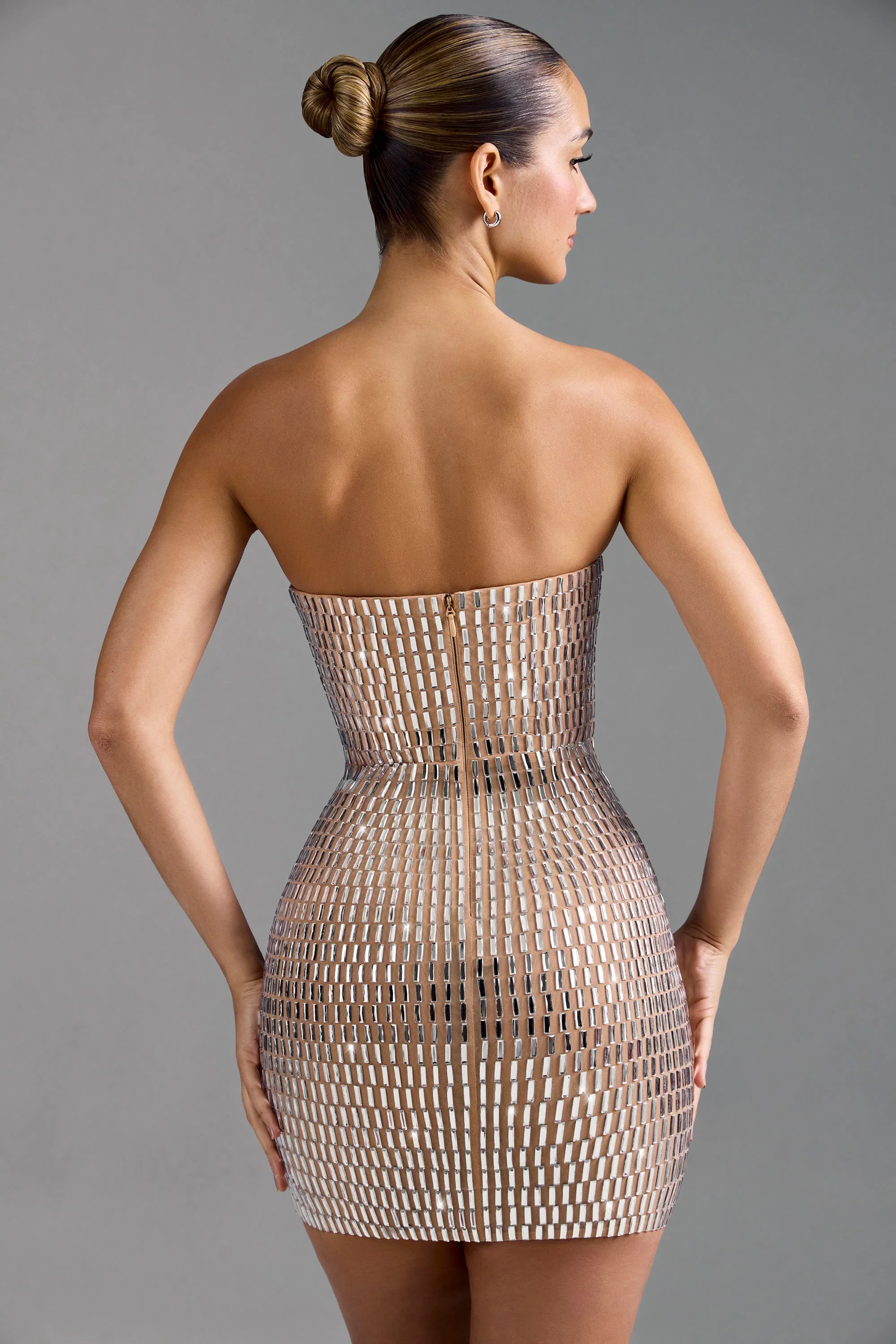 Embellished Bandeau Mini Dress in Almond - Image 2