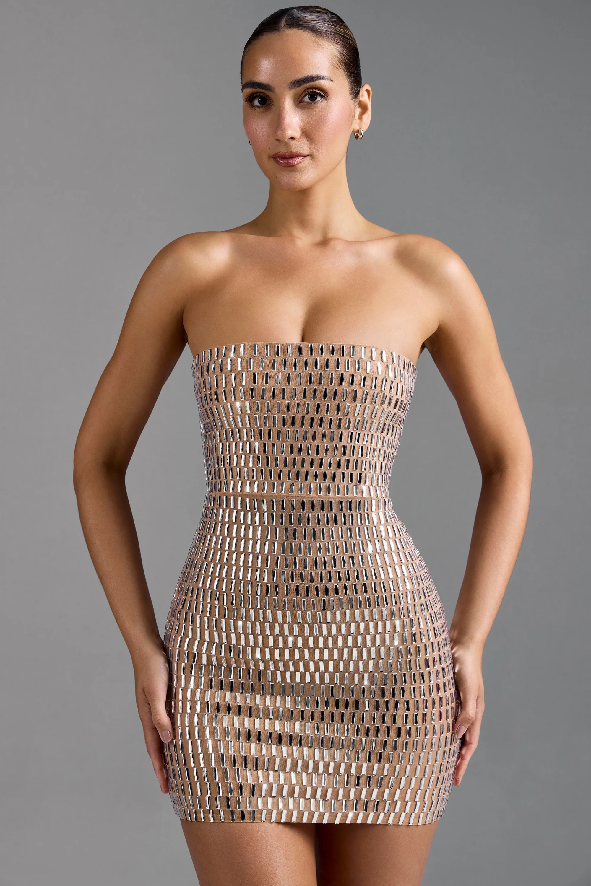 Embellished Bandeau Mini Dress in Almond - Image 9