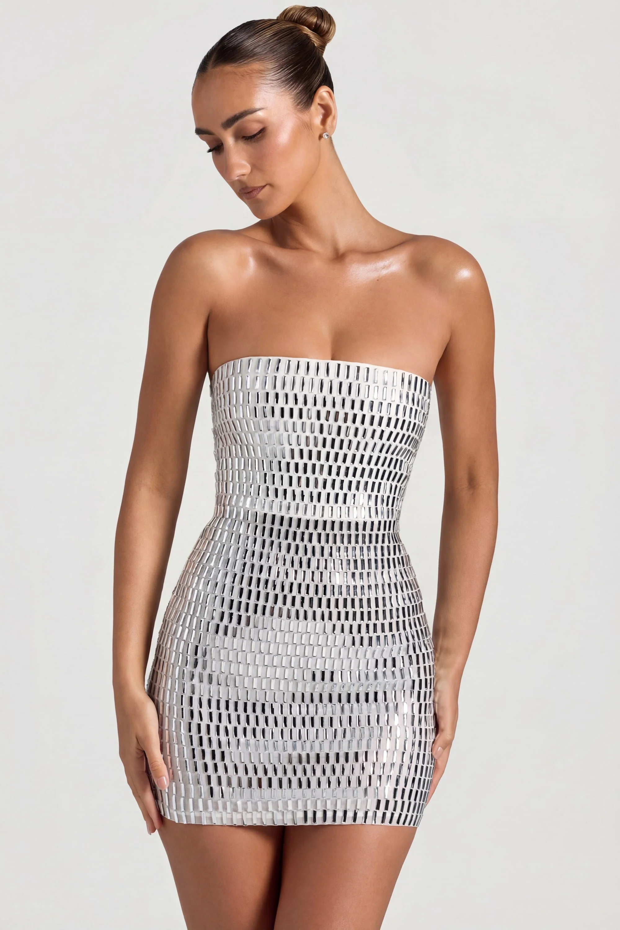 Embellished Bandeau Mini Dress in White - Image 7