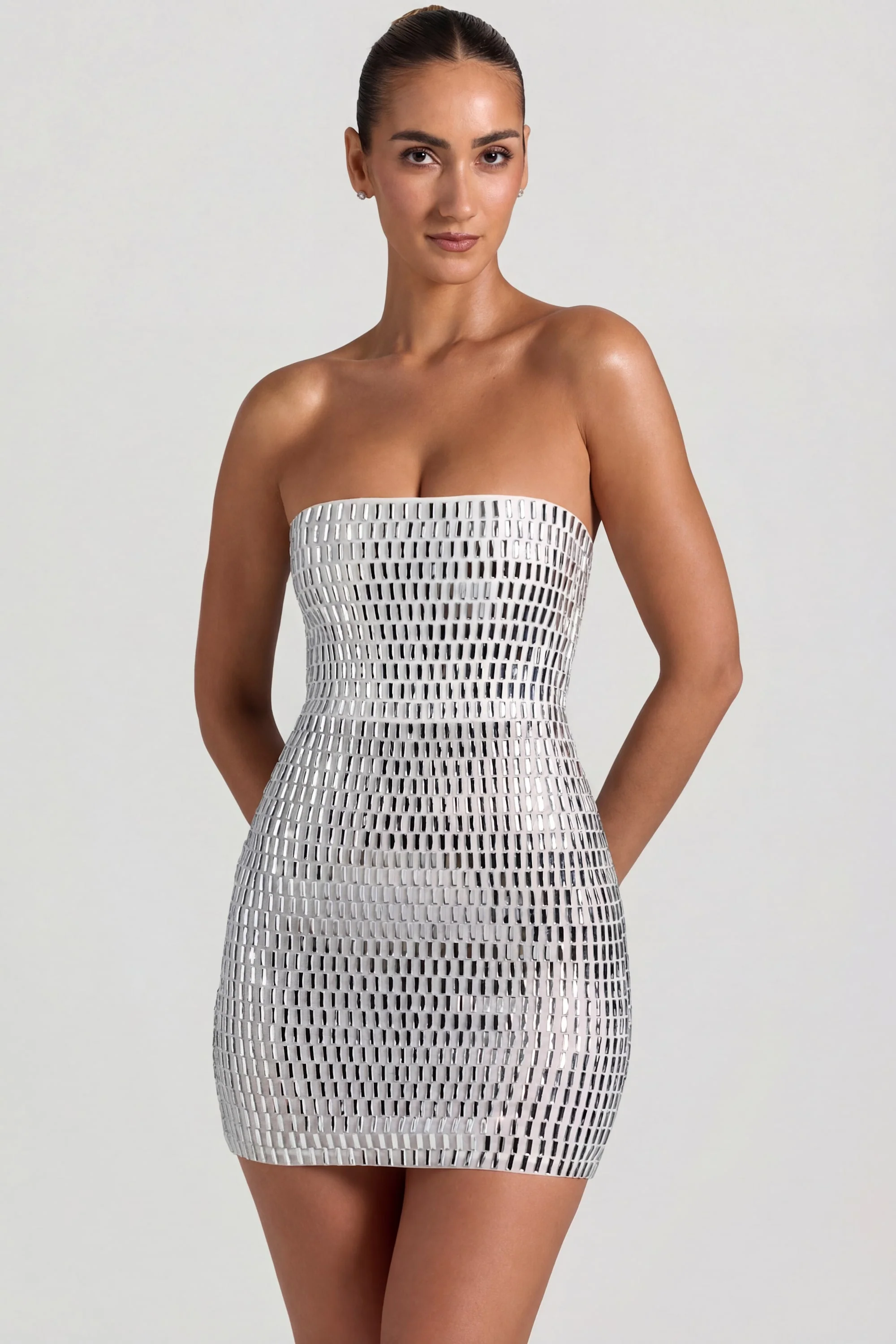 Embellished Bandeau Mini Dress in White - Image 8