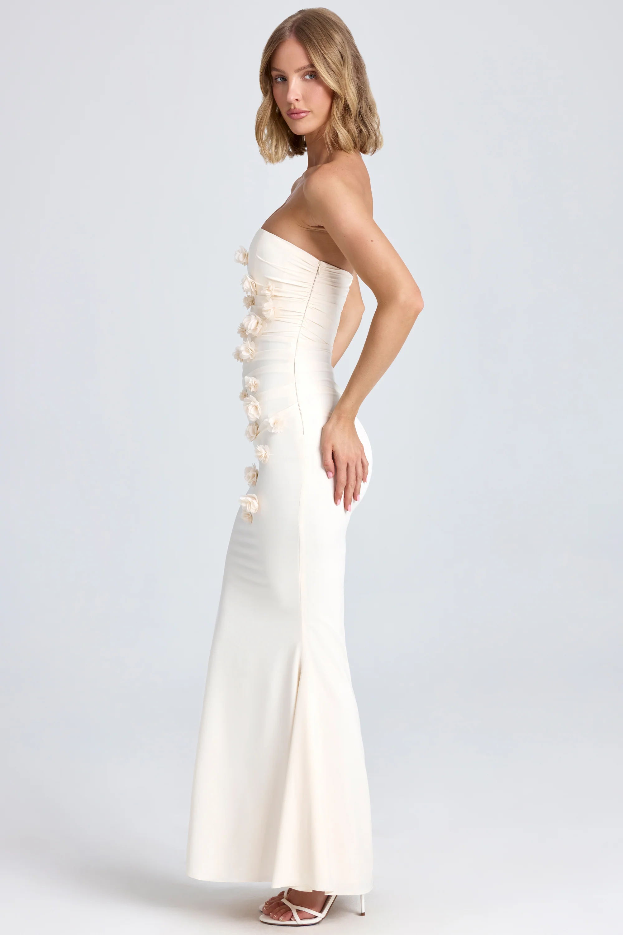 Draped Floral-Appliqué Maxi Dress in Ivory - Image 3
