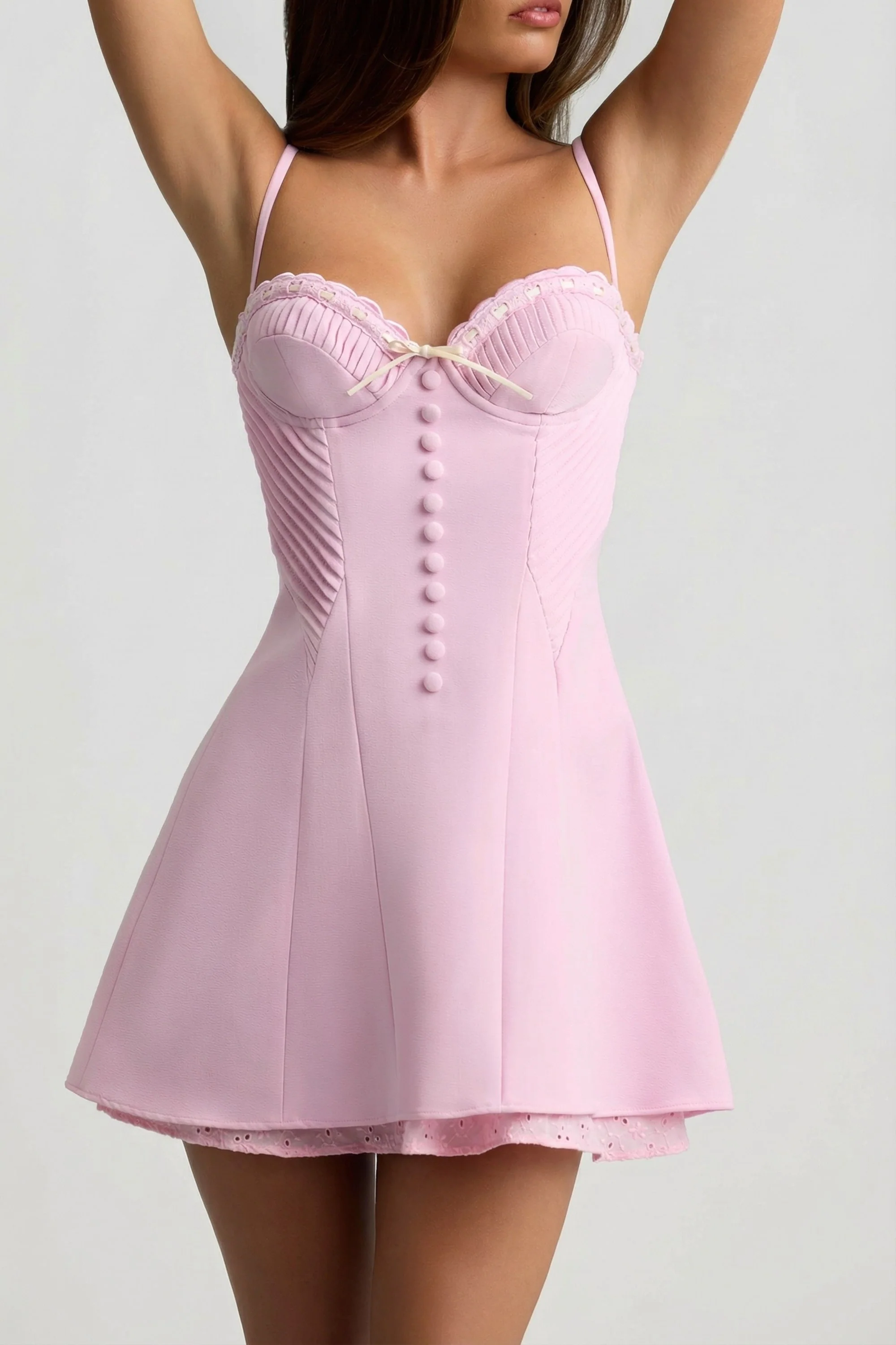 Bow-Detail Scalloped A-Line Mini Dress in Soft Pink - Image 3
