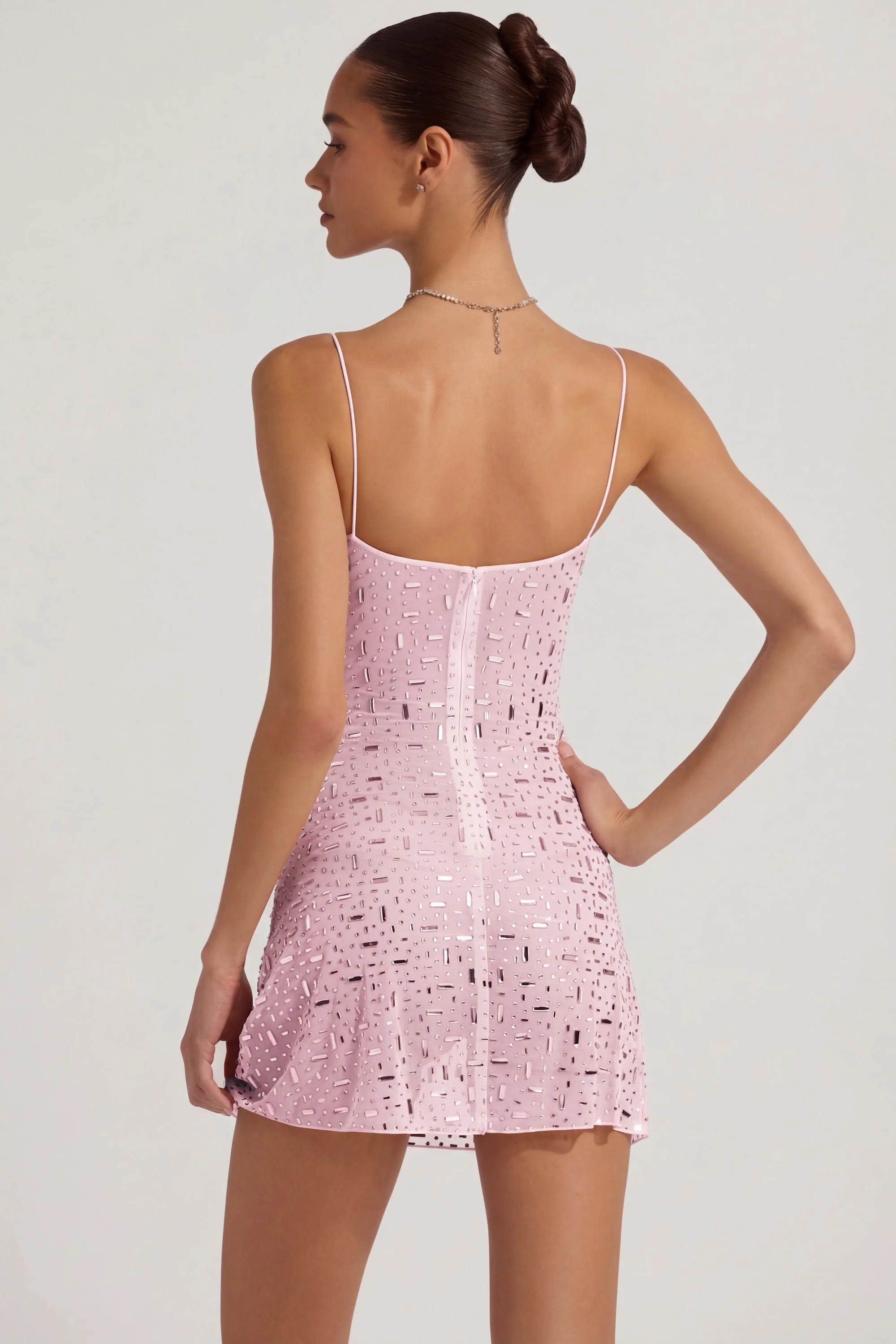 Sheer Embellished Square-Neck Mini Dress in Pink - Image 2