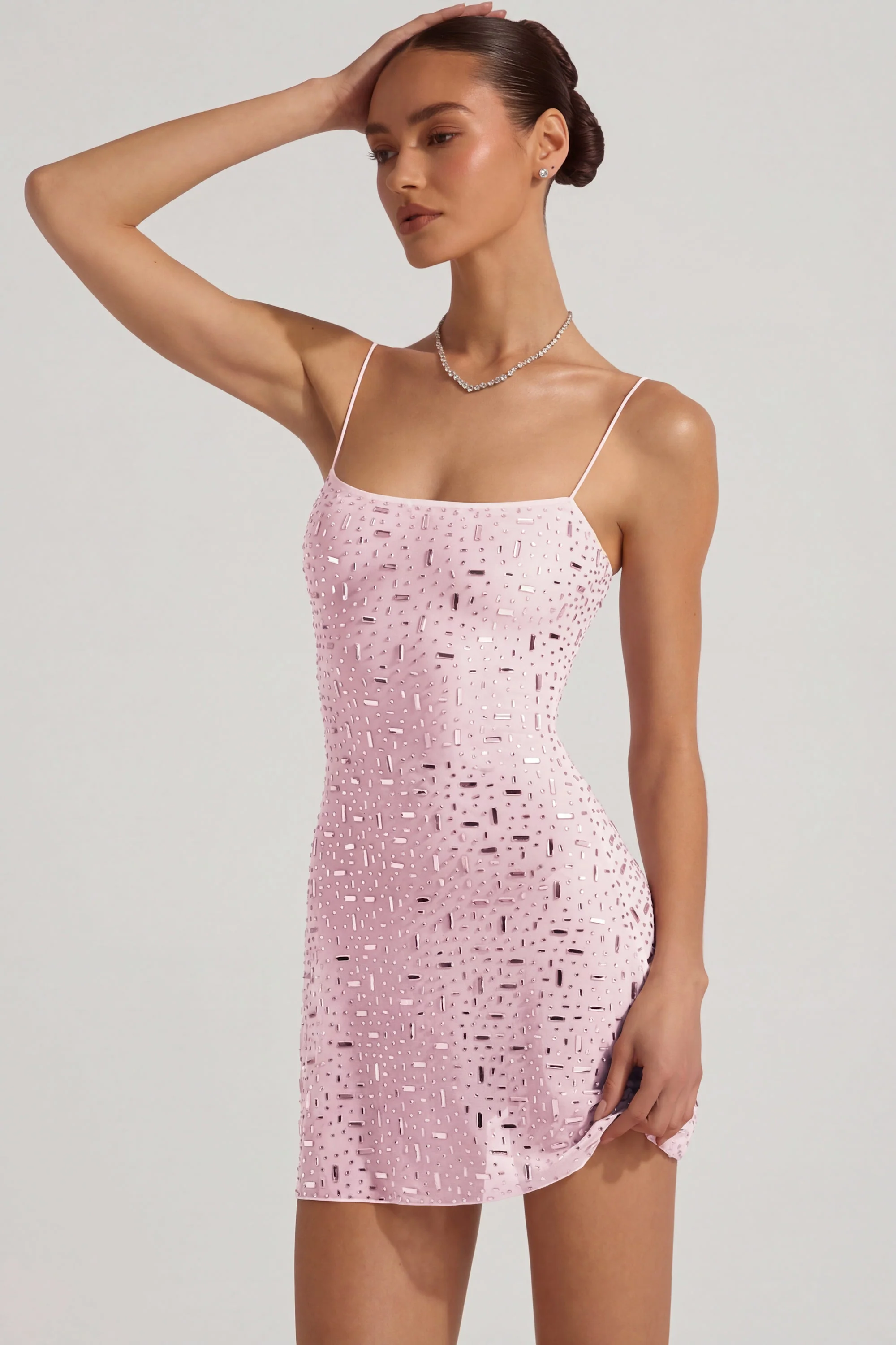 Sheer Embellished Square-Neck Mini Dress in Pink - Image 6