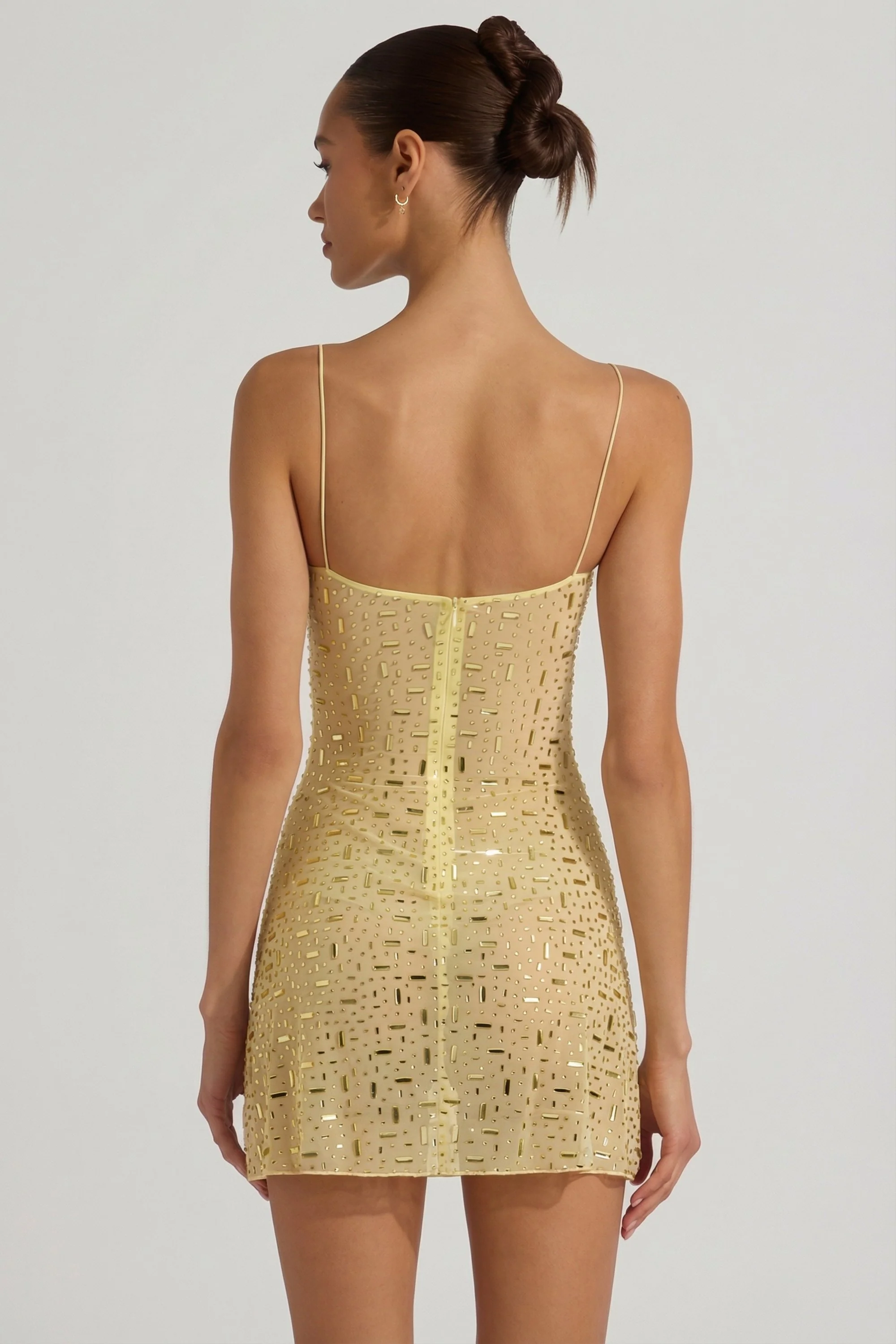 Sheer Embellished Square-Neck Mini Dress in Yellow - Image 2