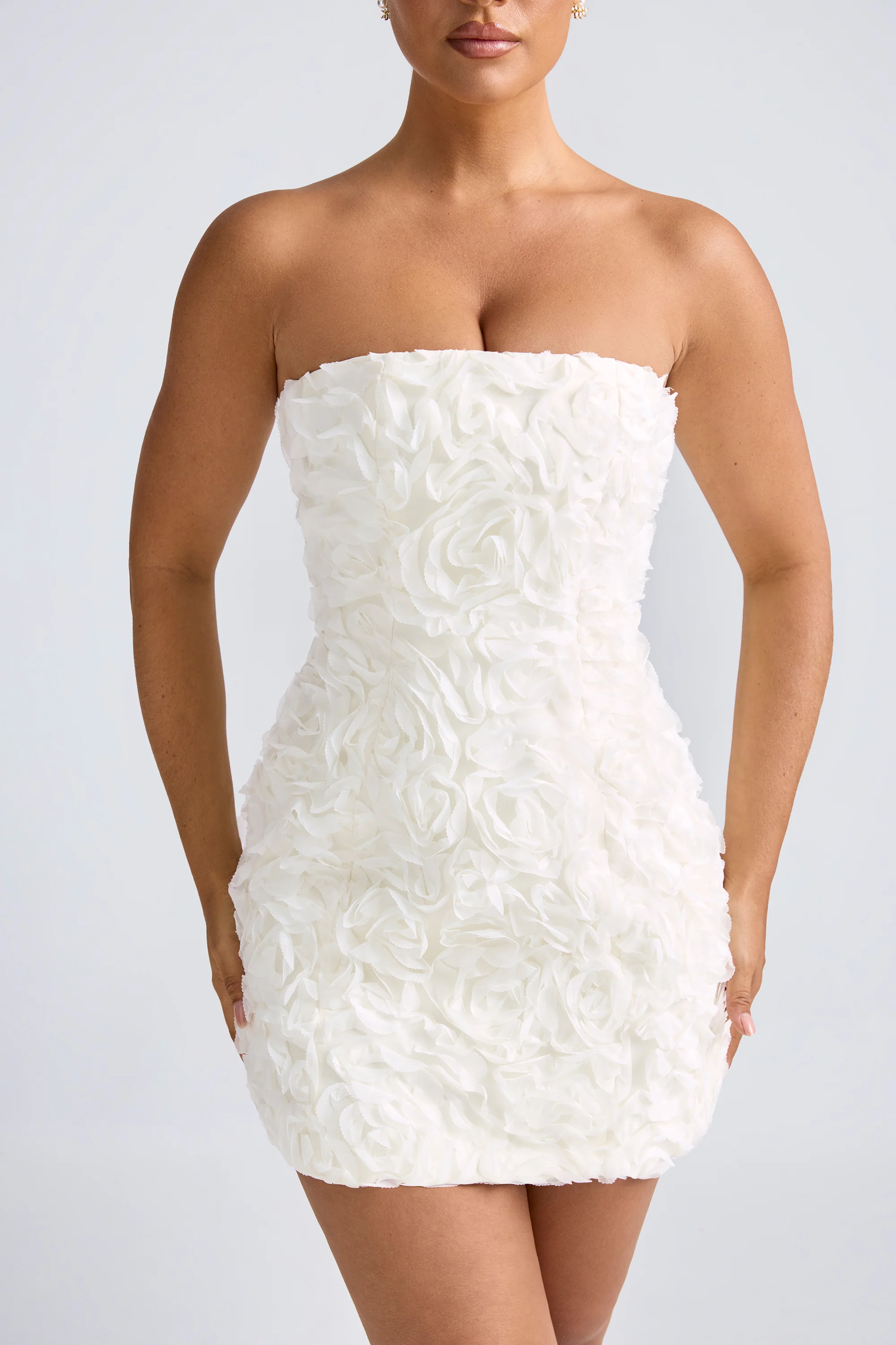 Floral-Appliqué Bandeau A-Line Mini Dress in White - Image 4
