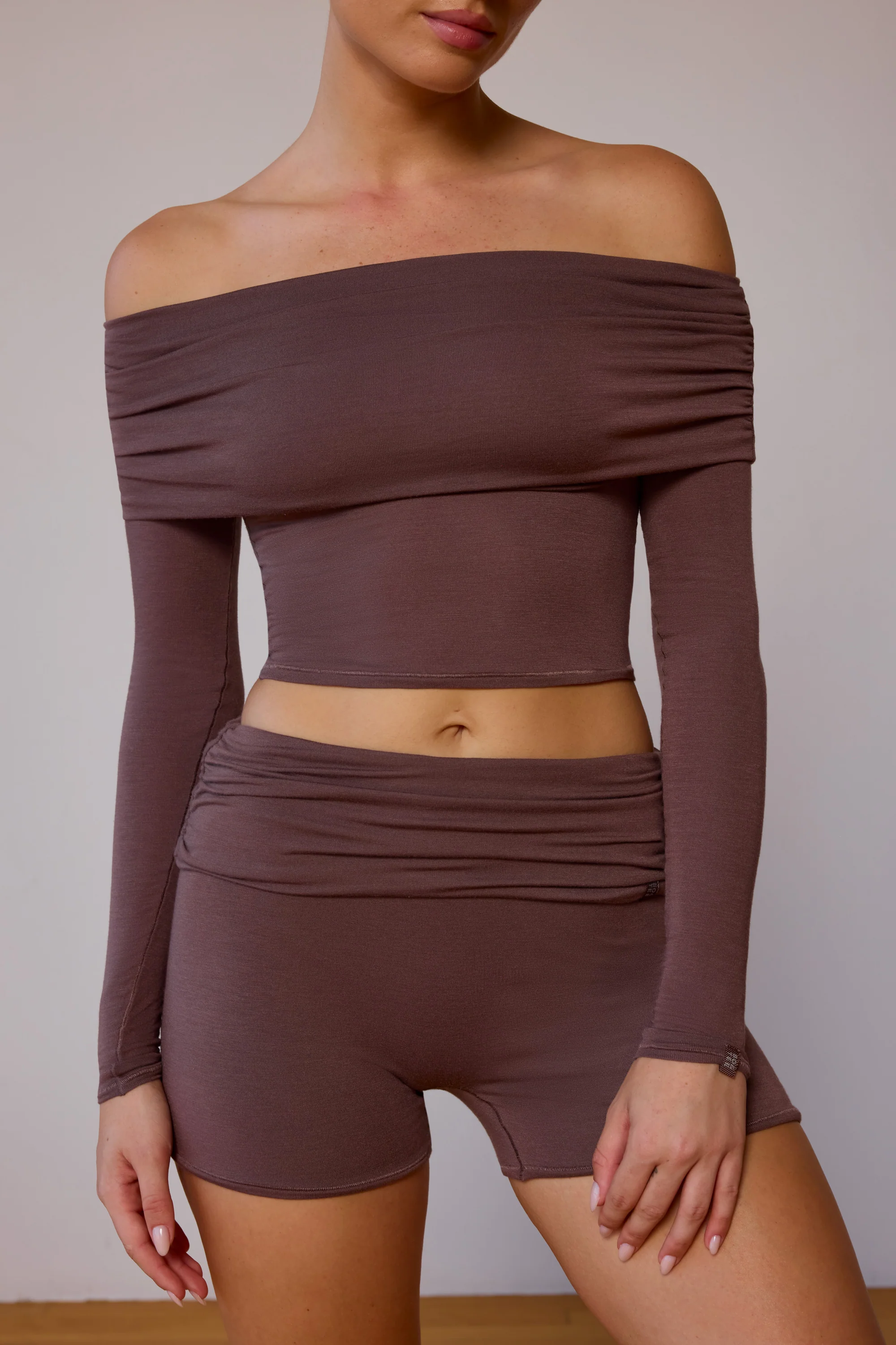 Sheer Off-Shoulder Long-Sleeve Top in Taupe Brown - Image 4