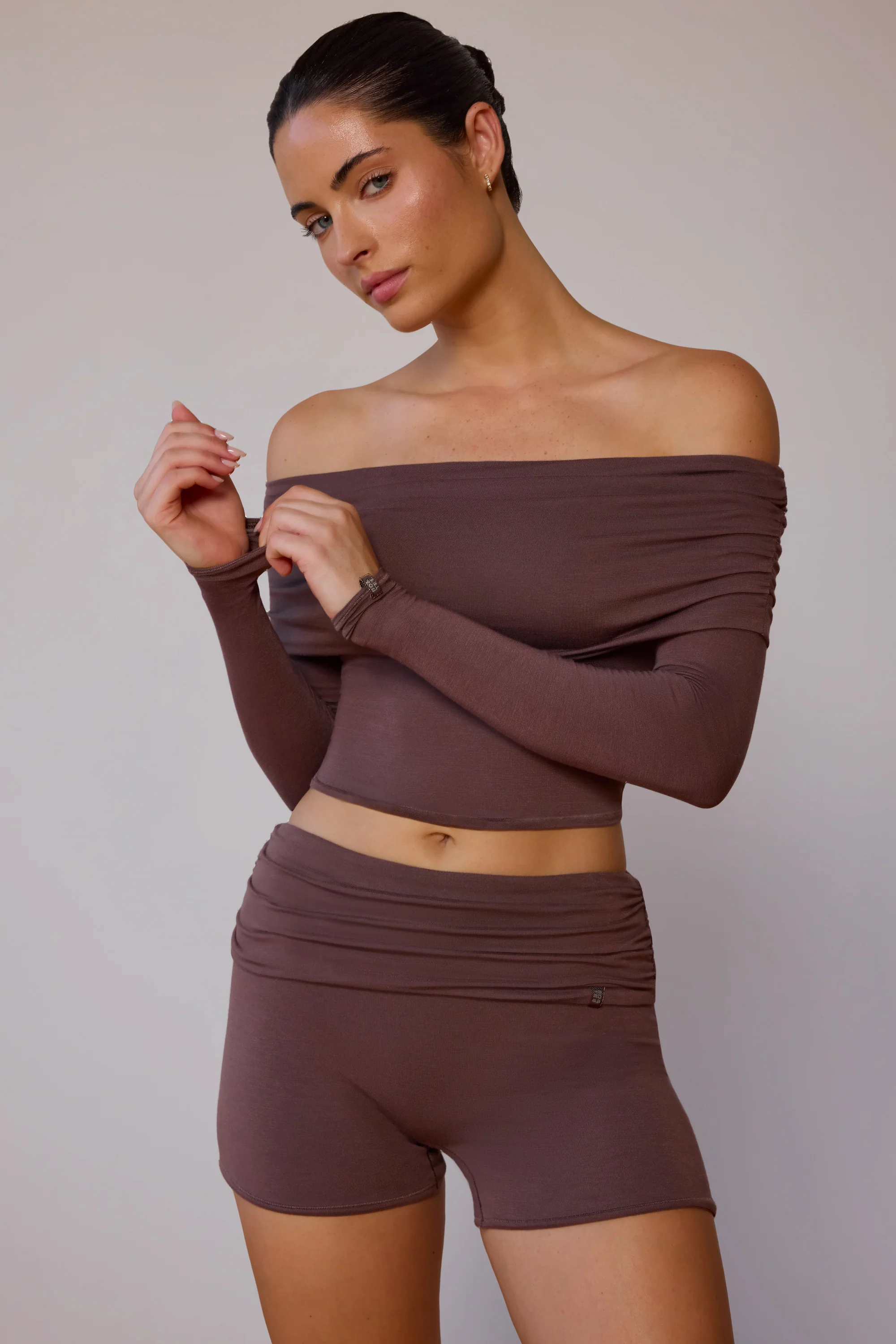 Sheer Off-Shoulder Long-Sleeve Top in Taupe Brown - Image 6