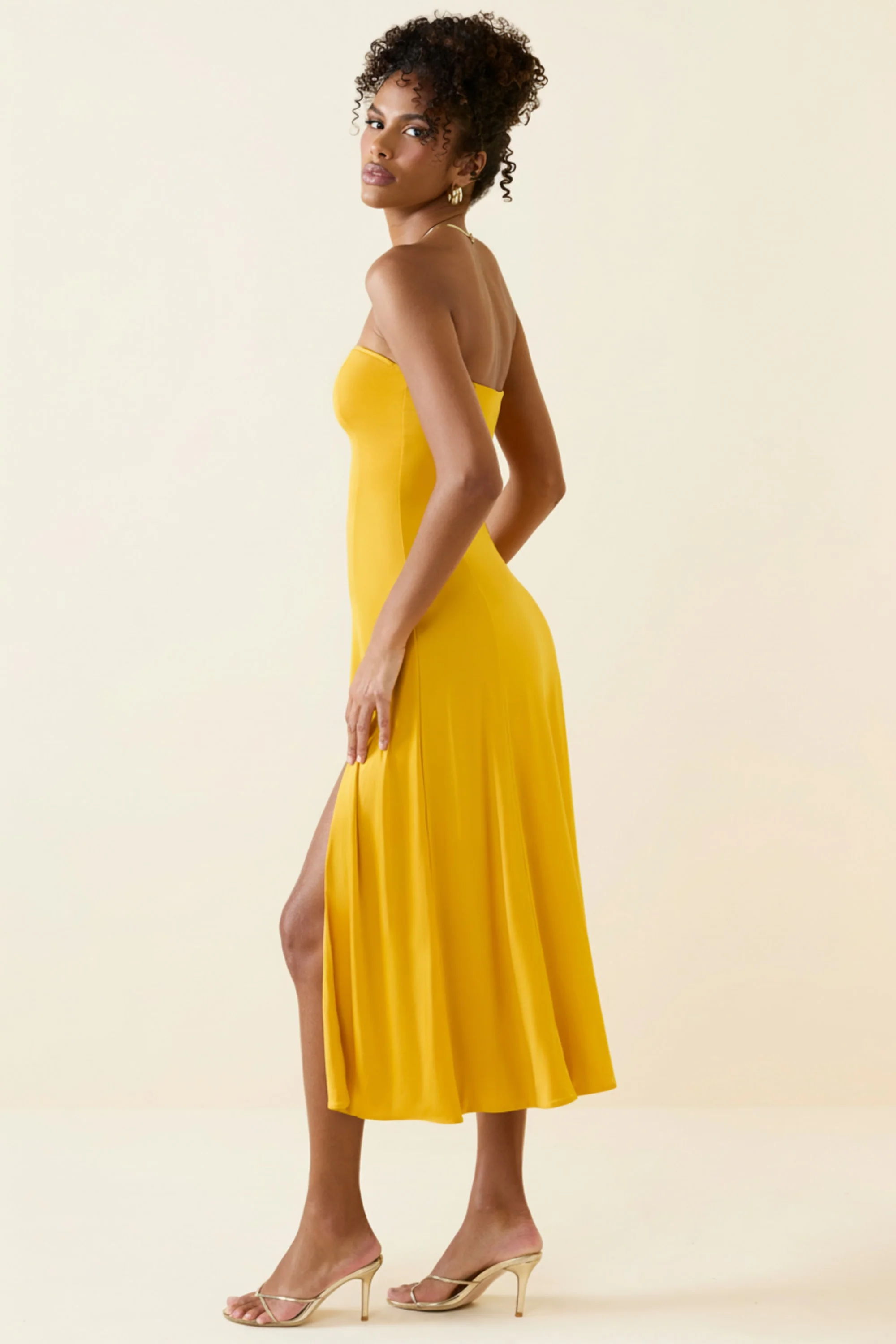 Slinky Jersey Strapless A-Line Midaxi Dress in Golden Yellow - Image 3