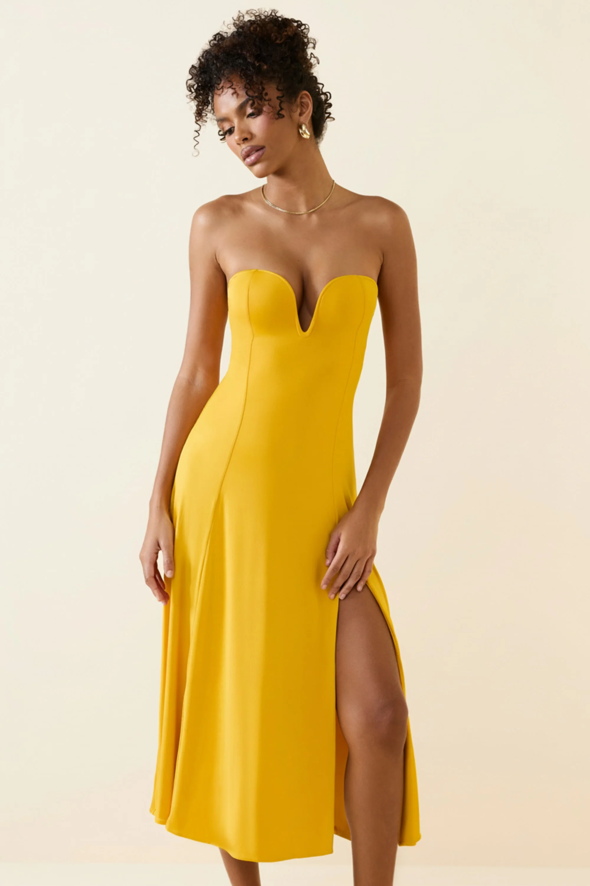 Slinky Jersey Strapless A-Line Midaxi Dress in Golden Yellow - Image 5