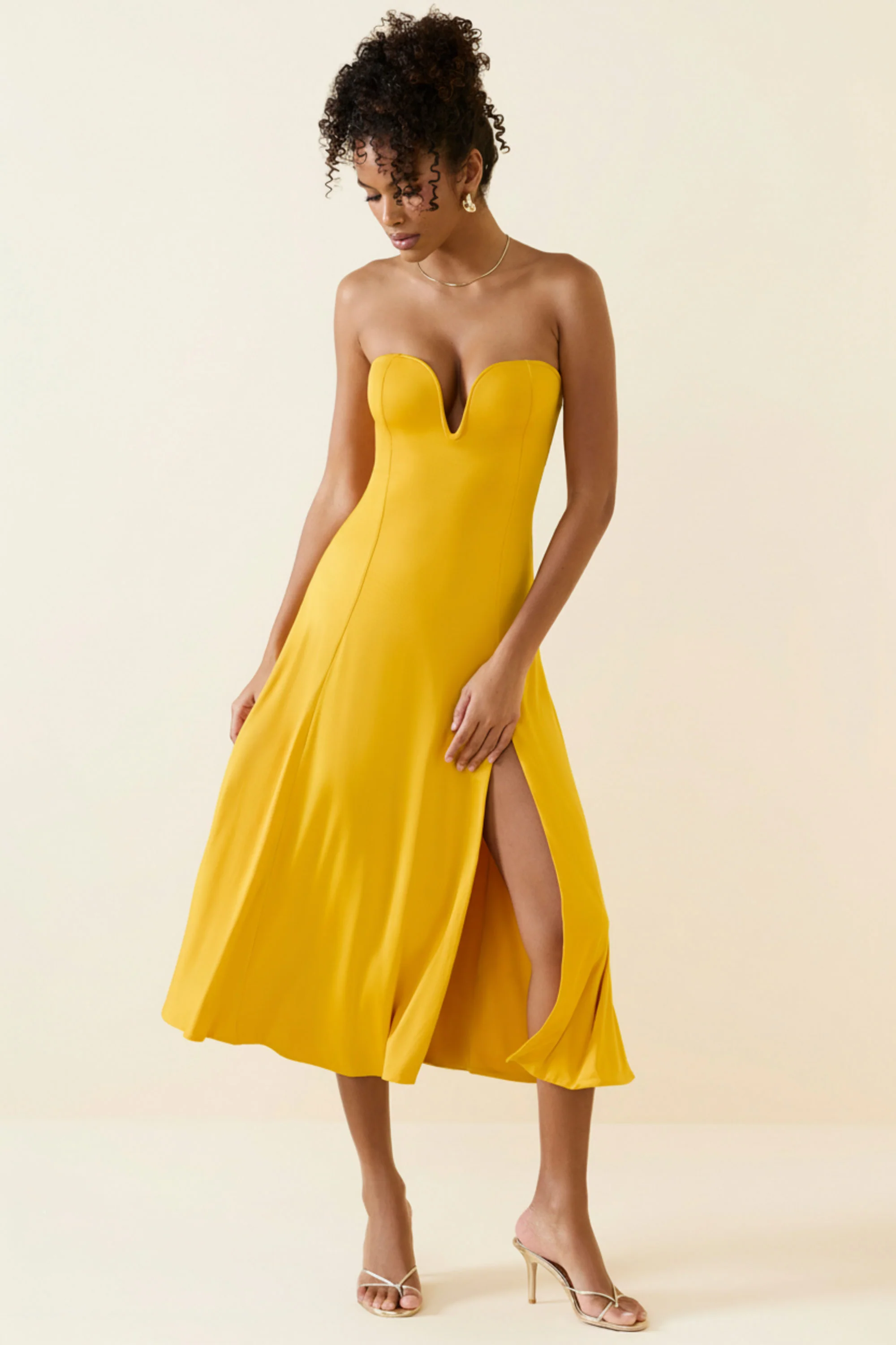 Slinky Jersey Strapless A-Line Midaxi Dress in Golden Yellow - Image 6