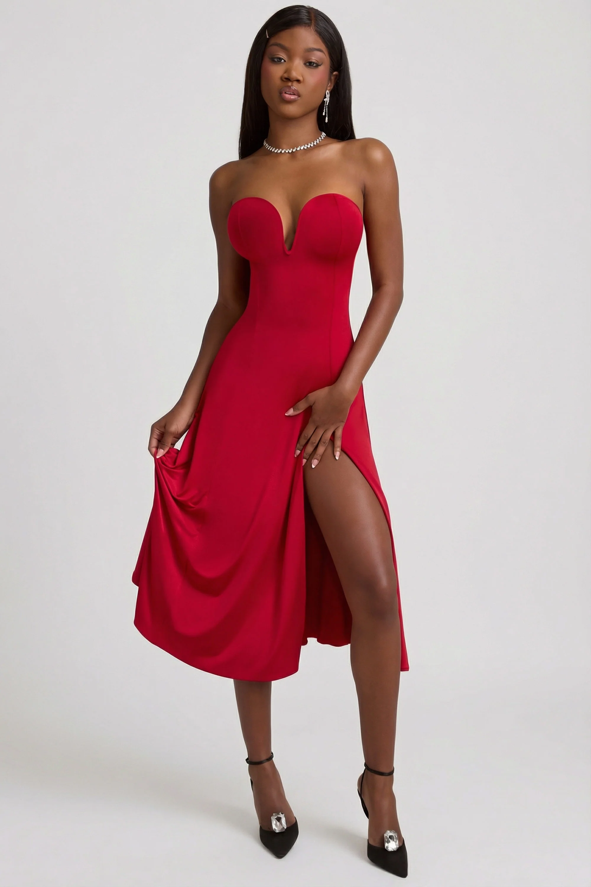 Slinky Jersey Strapless A-Line Midaxi Dress in True Red - Image 5