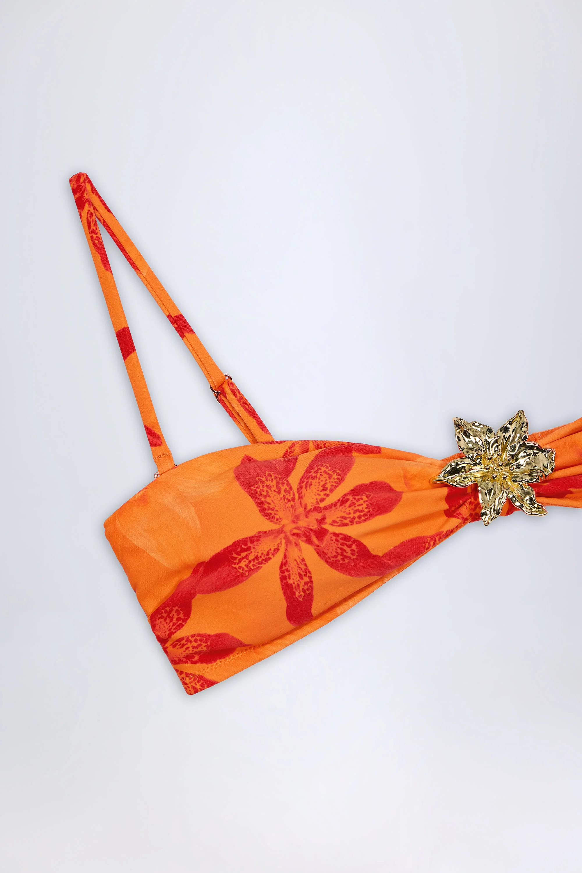Hardware-Detail Halterneck Bikini Top in Orange Orchid Print - Image 6