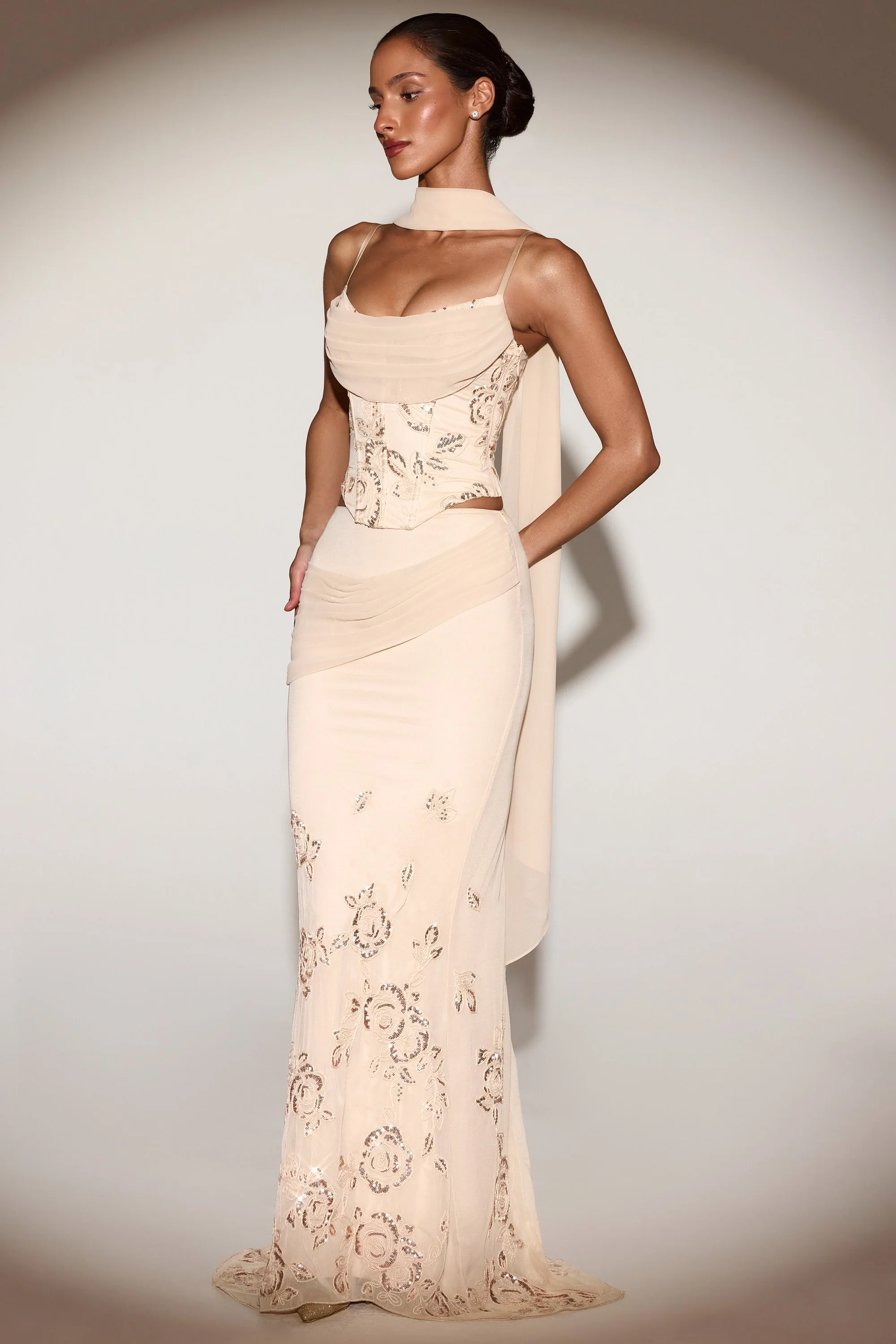 Embellished Draped Mid-Rise Gown Skirt in Gold - Image 9