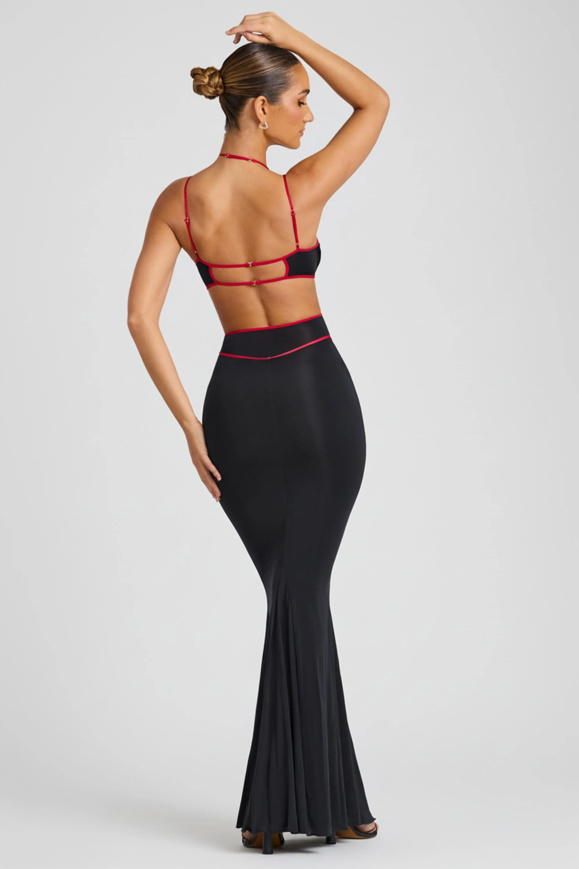 Contrast Binding Cut Out Evening Gown in Black - Image 2