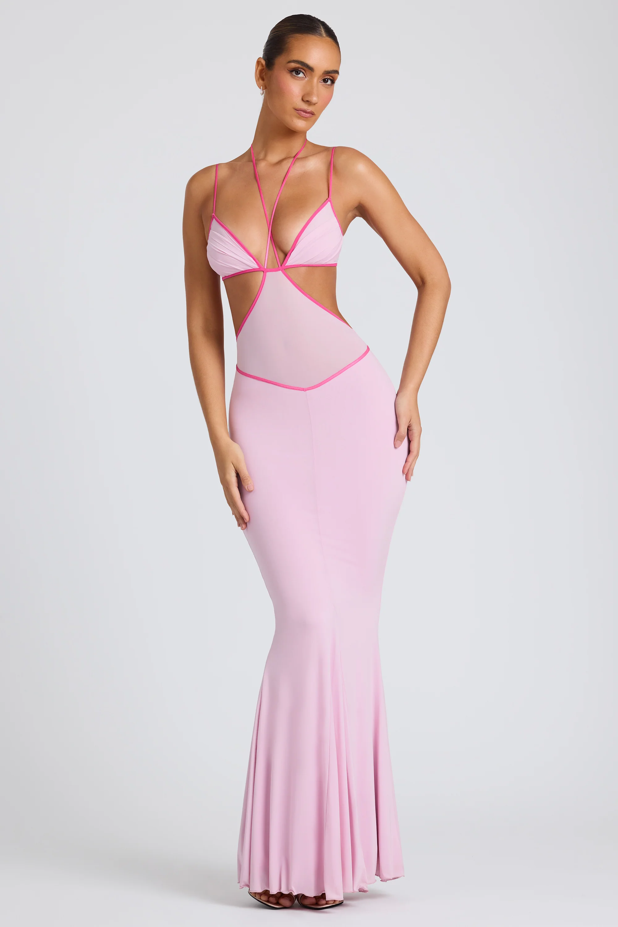 Contrast Binding Cut Out Evening Gown in Soft Pink - Image 9