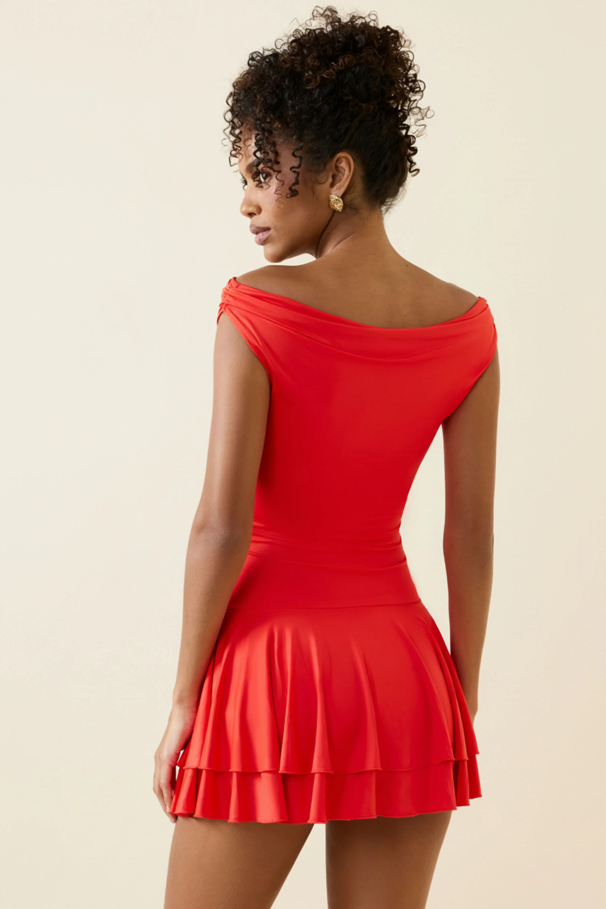 Off-Shoulder Ruffled Mini Dress in Scarlet - Image 2