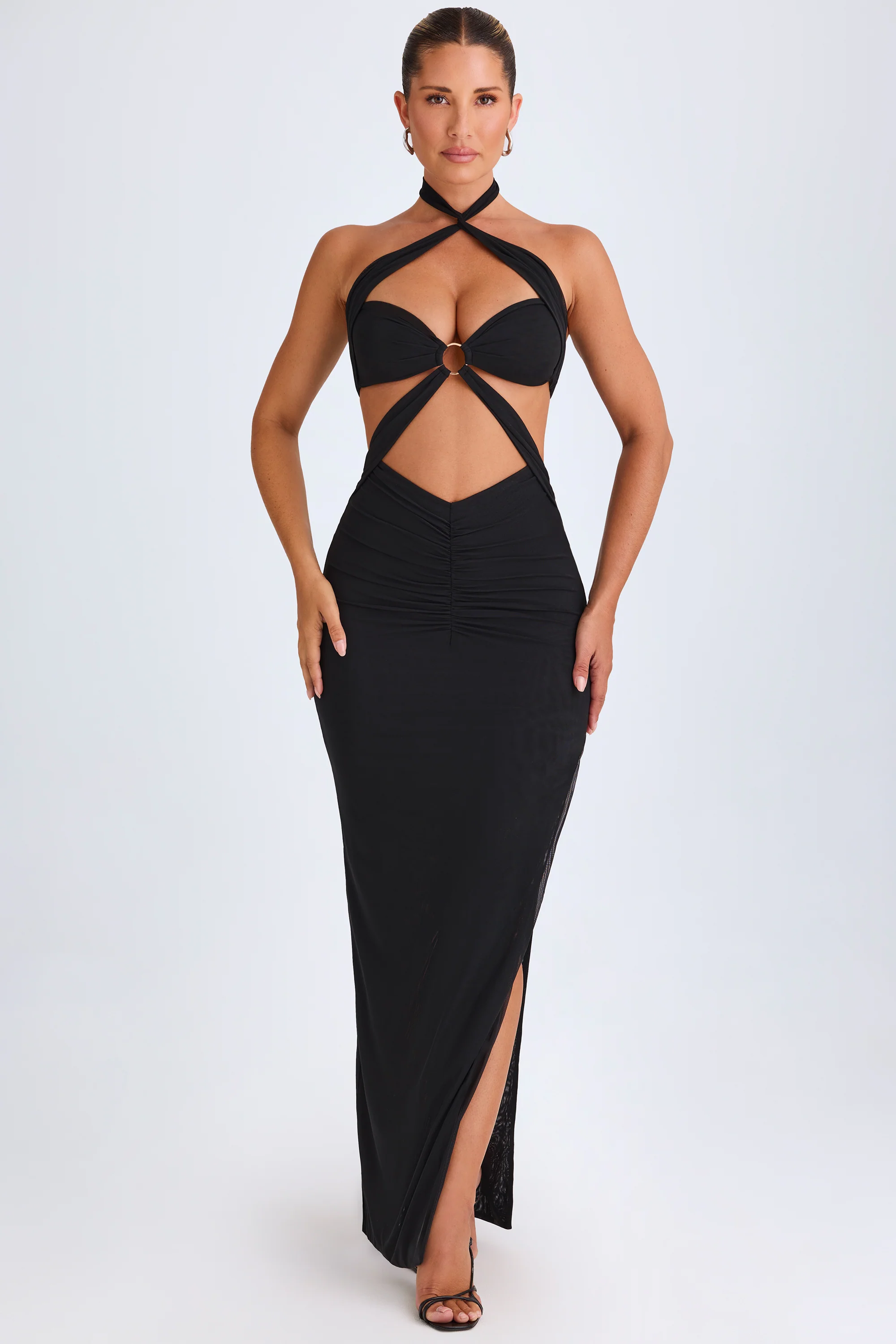 Hardware Detail Cut-Out Halterneck Maxi Dress in Black - Image 7