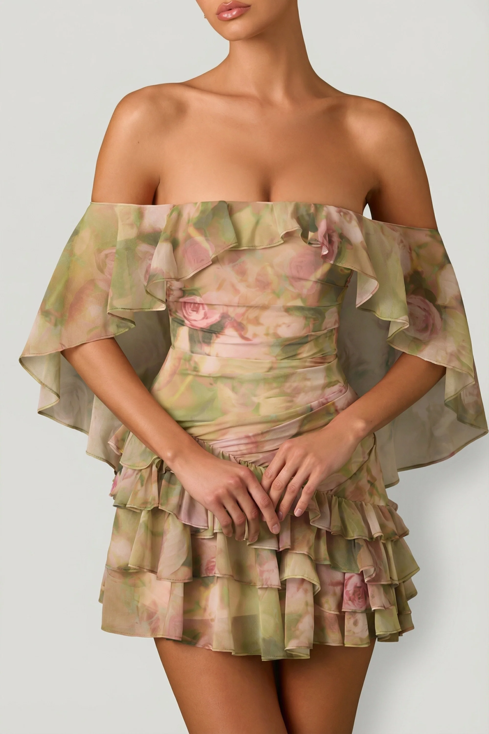 Off-Shoulder Ruffled Mini Dress in Floral Multi Print - Image 3