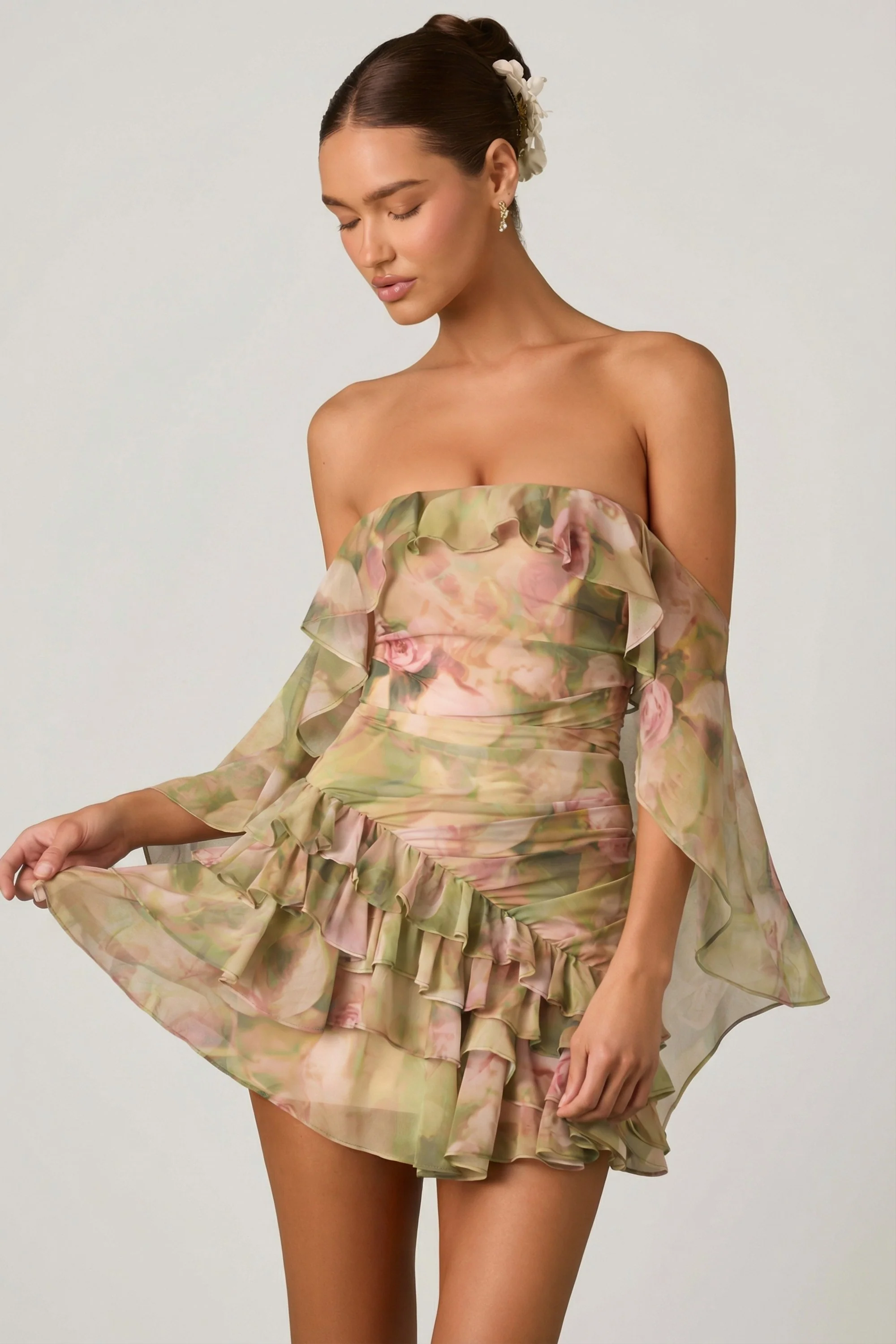 Off-Shoulder Ruffled Mini Dress in Floral Multi Print - Image 6