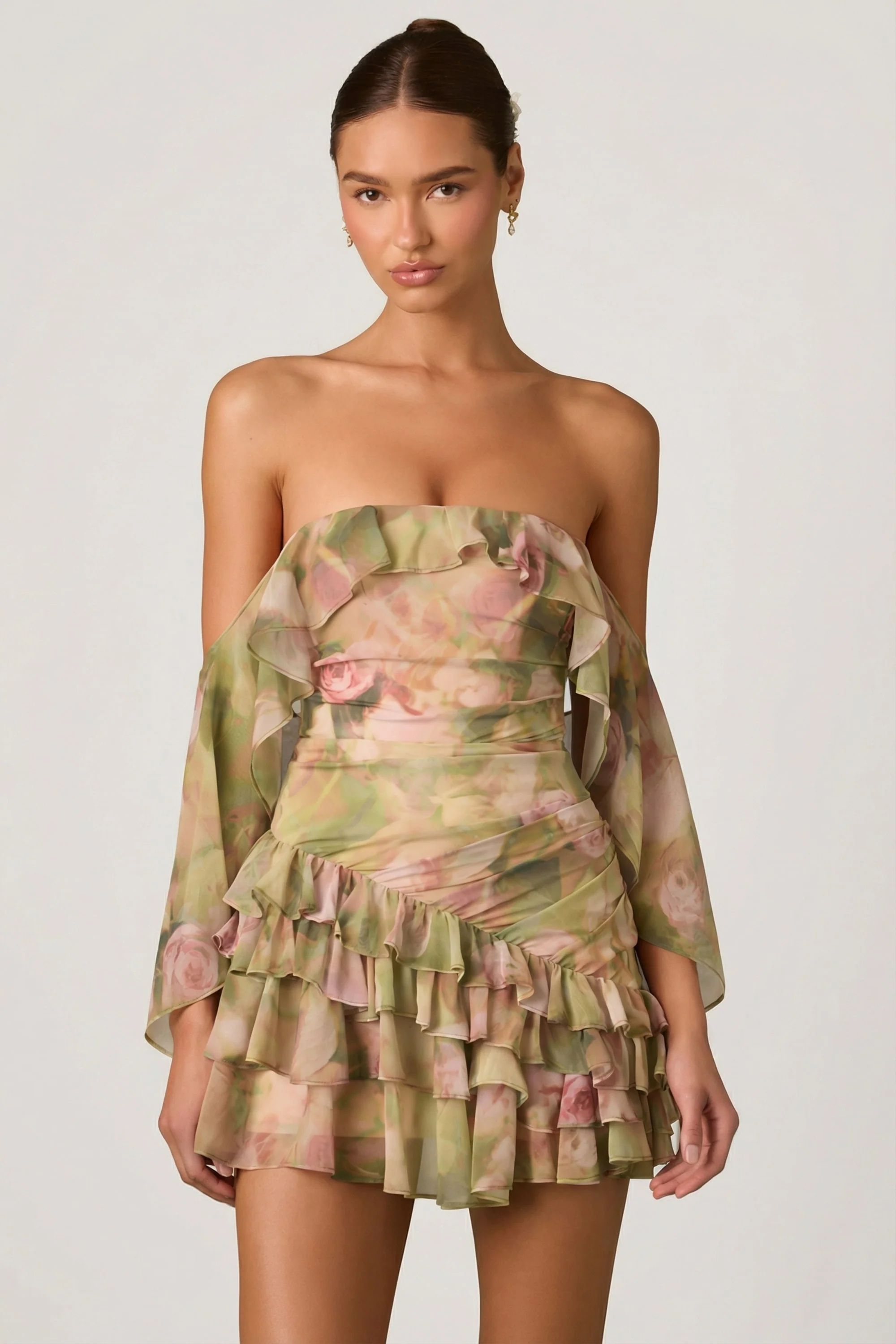 Off-Shoulder Ruffled Mini Dress in Floral Multi Print - Image 7