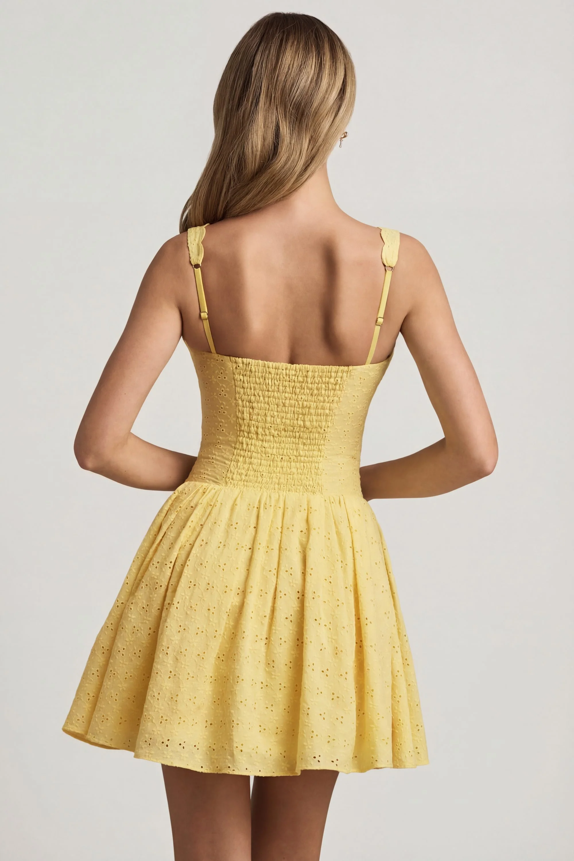 Broderie Anglaise Bow-Detail A-Line Mini Dress in Pastel Yellow - Image 3