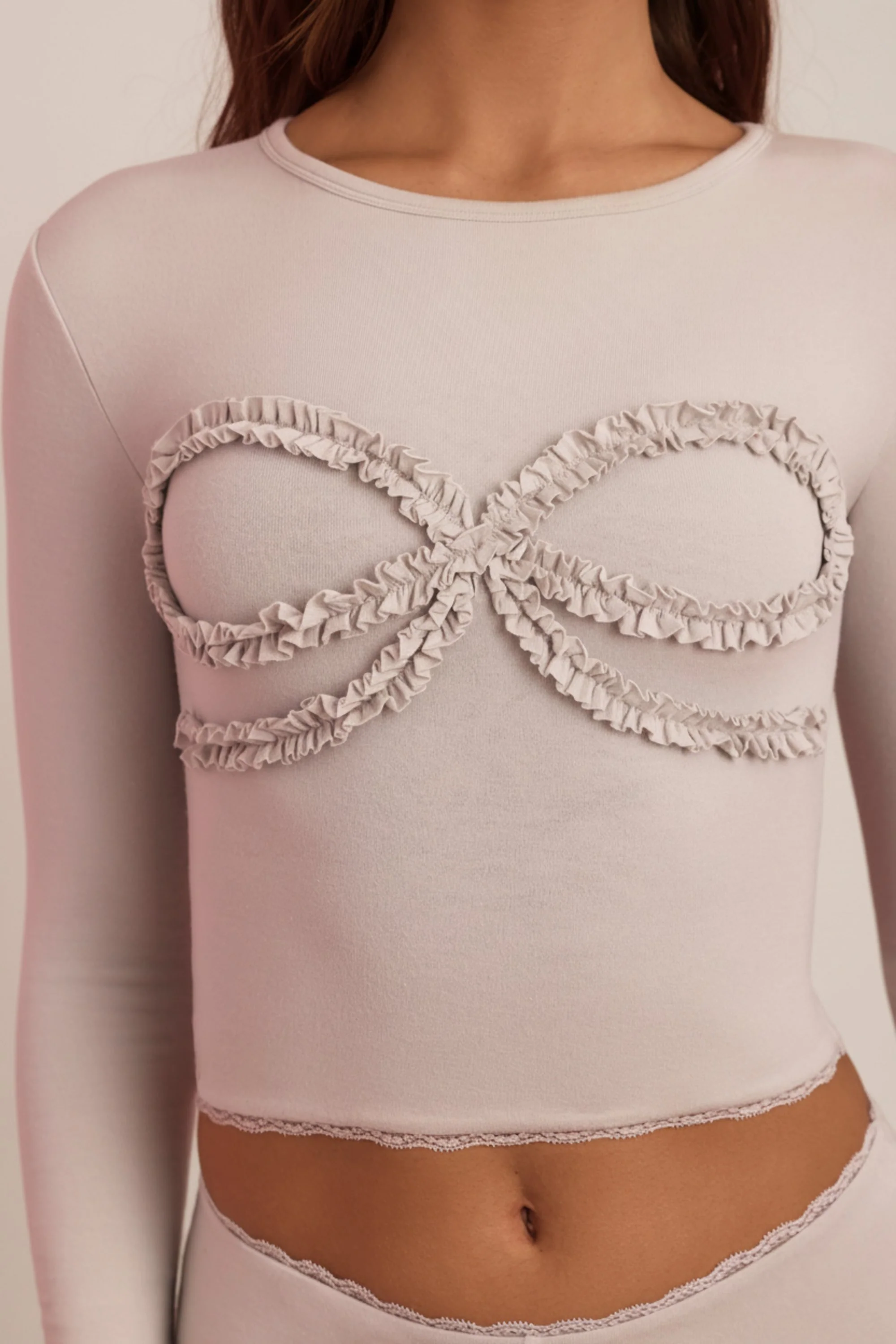 Modal Lace-Trim Appliqué Pyjama Top in Cloud Grey - Image 4