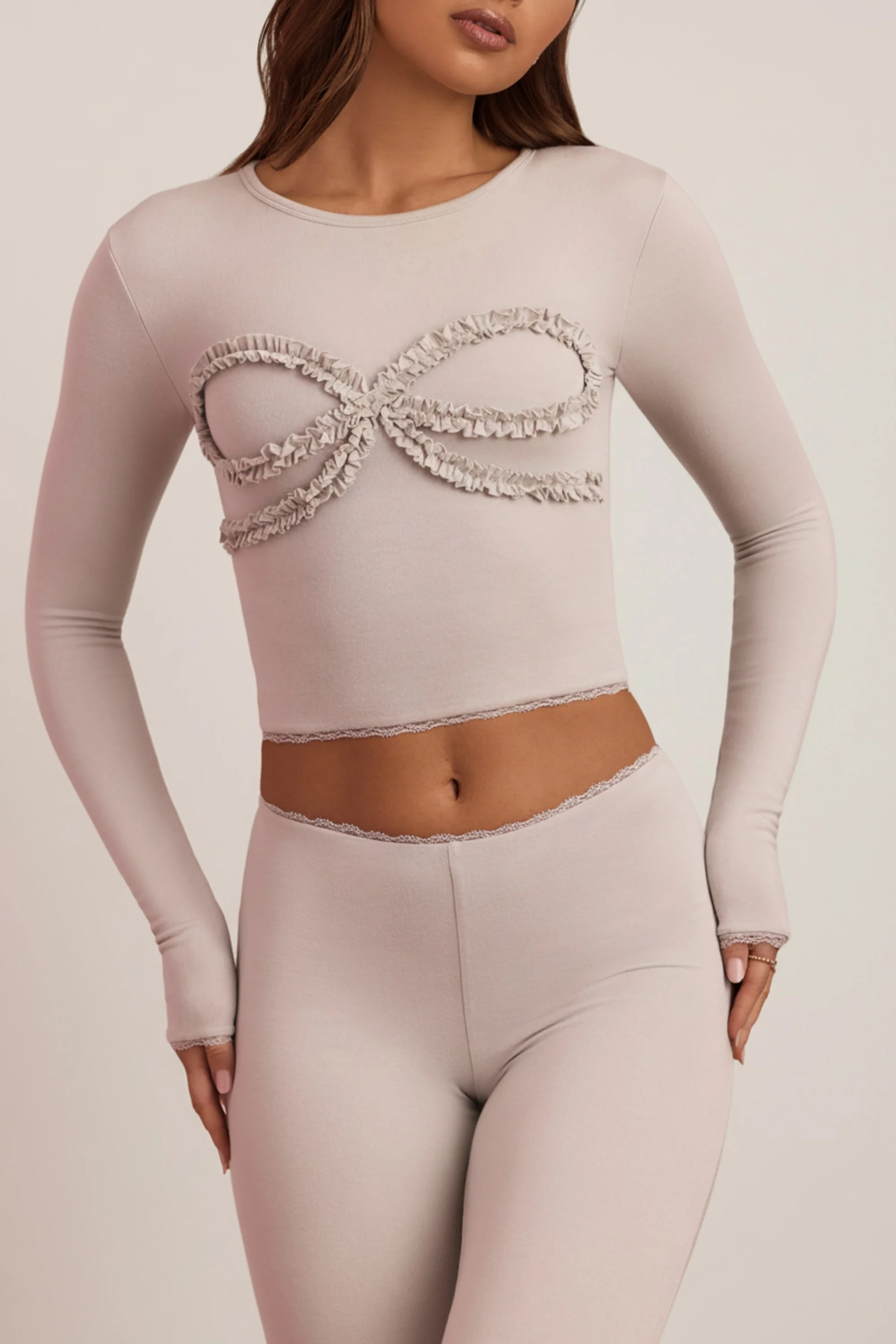 Modal Lace-Trim Appliqué Pyjama Top in Cloud Grey - Image 5