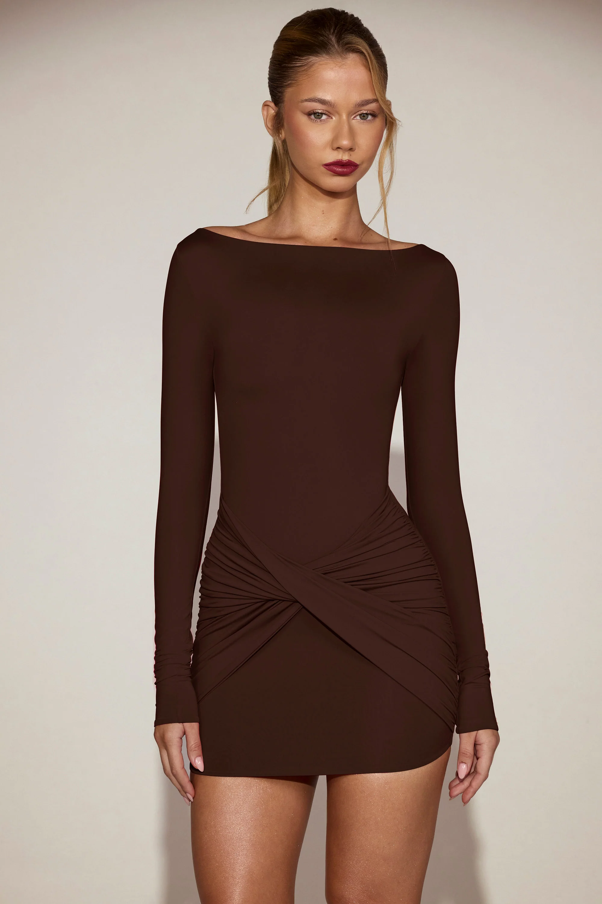 Soft-Jersey Boat-Neck Draped Mini Dress in Chocolate Brown - Image 6