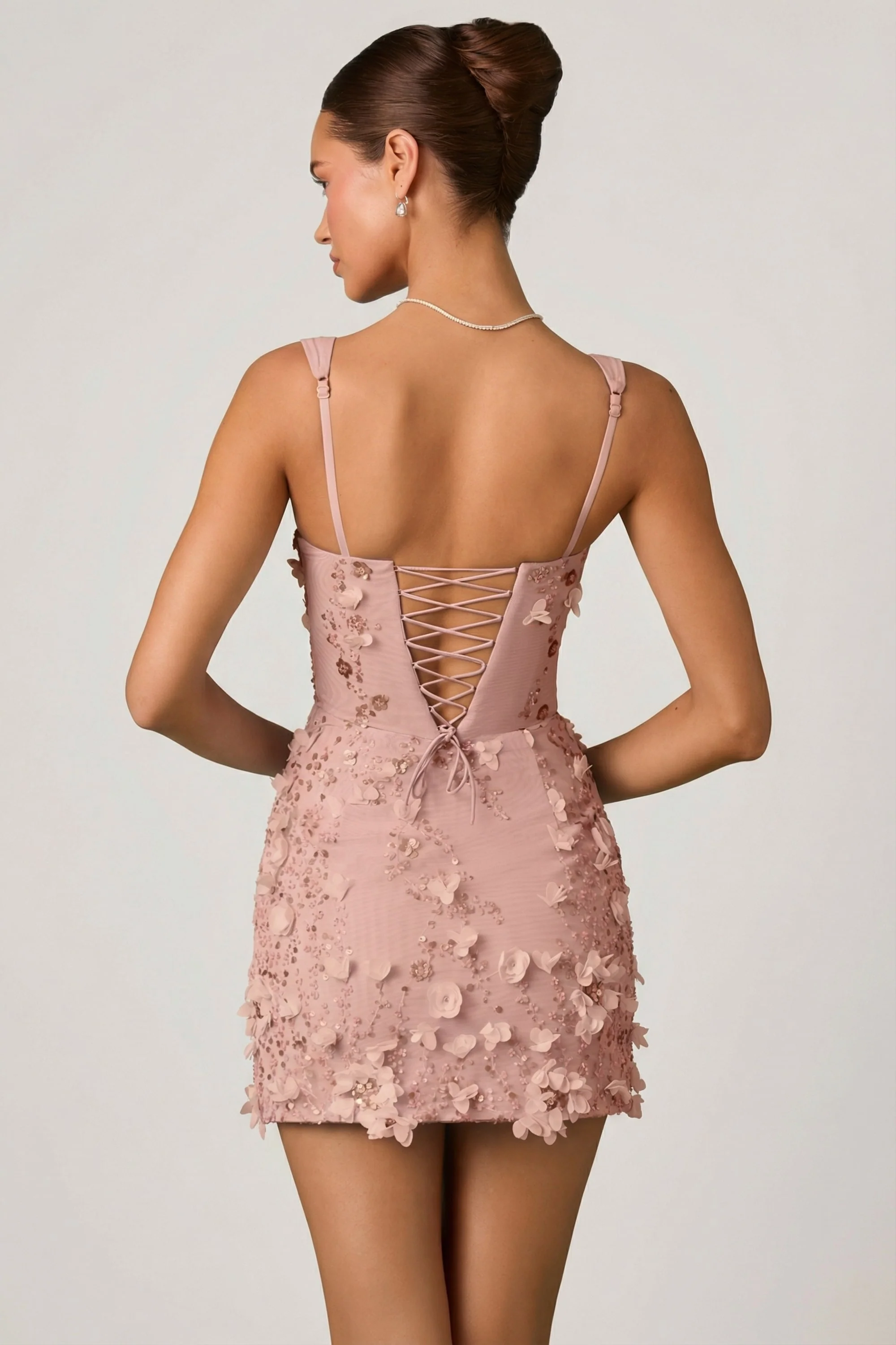 Embellished Appliqué Corset Mini Dress in Dusty Rose - Image 2