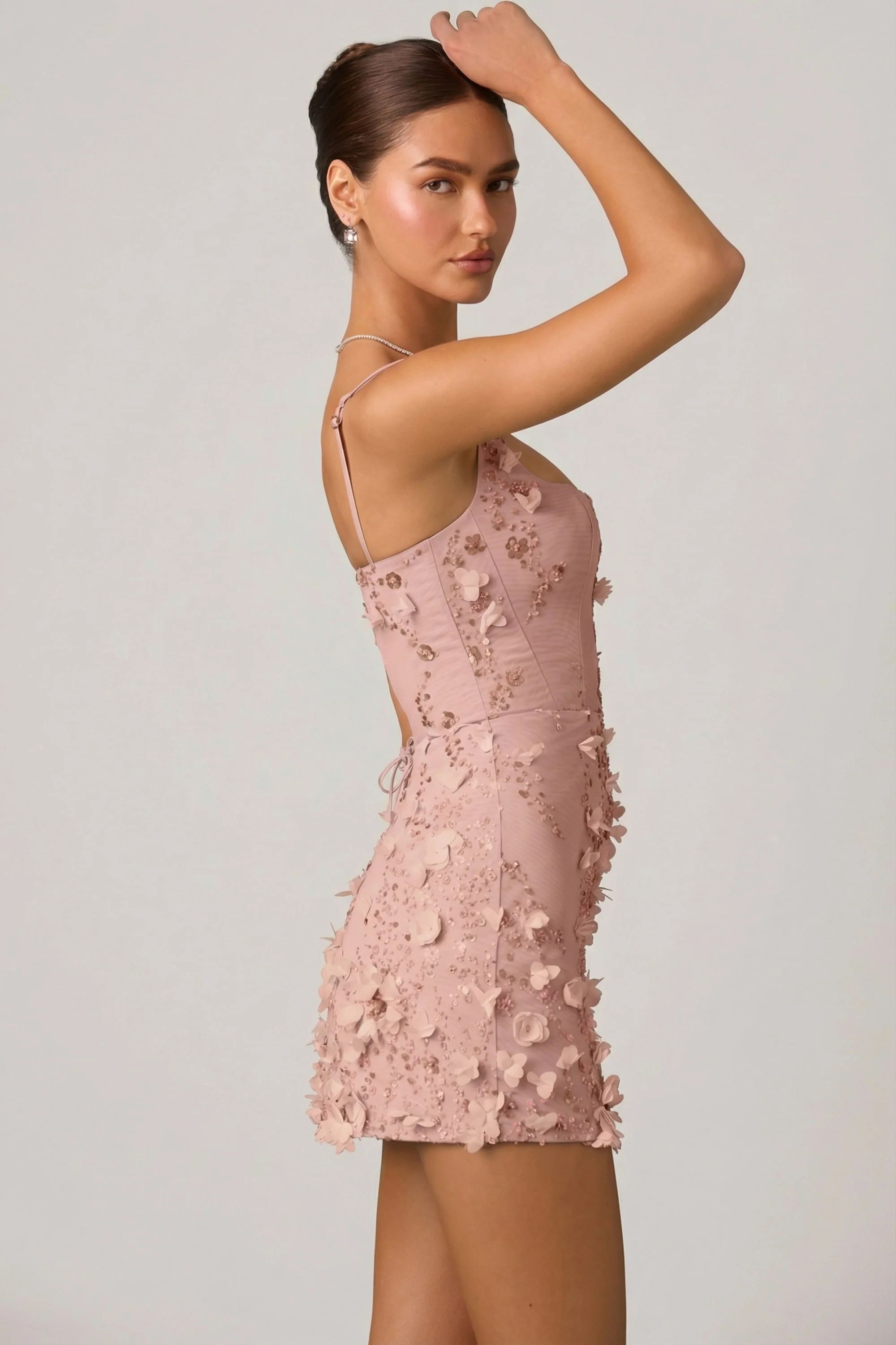 Embellished Appliqué Corset Mini Dress in Dusty Rose - Image 5