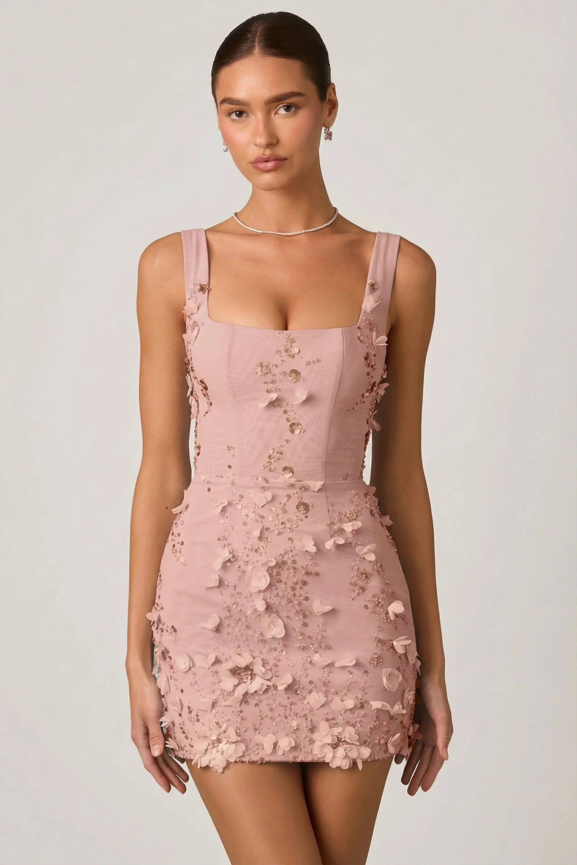 Embellished Appliqué Corset Mini Dress in Dusty Rose - Image 6