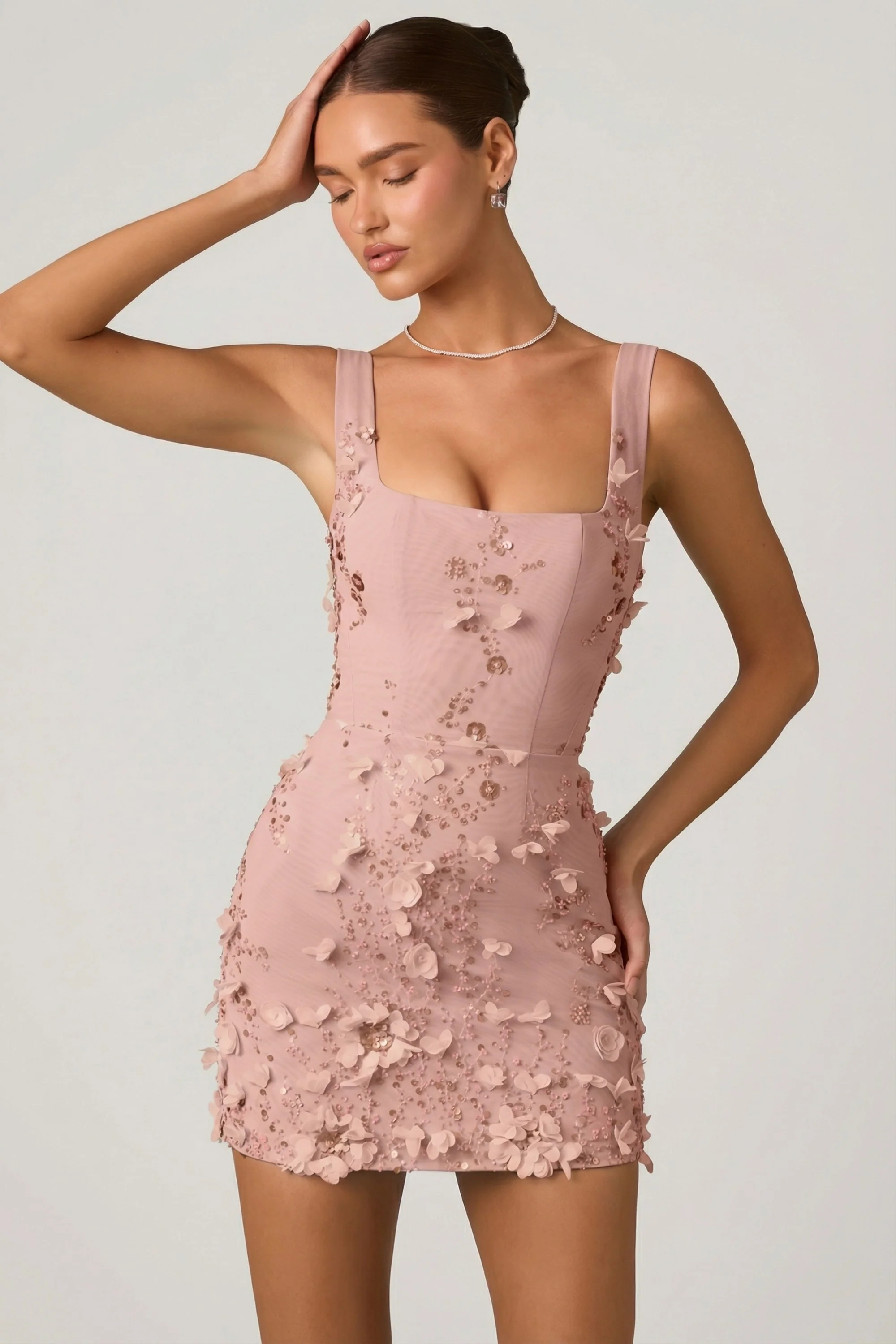 Embellished Appliqué Corset Mini Dress in Dusty Rose - Image 7