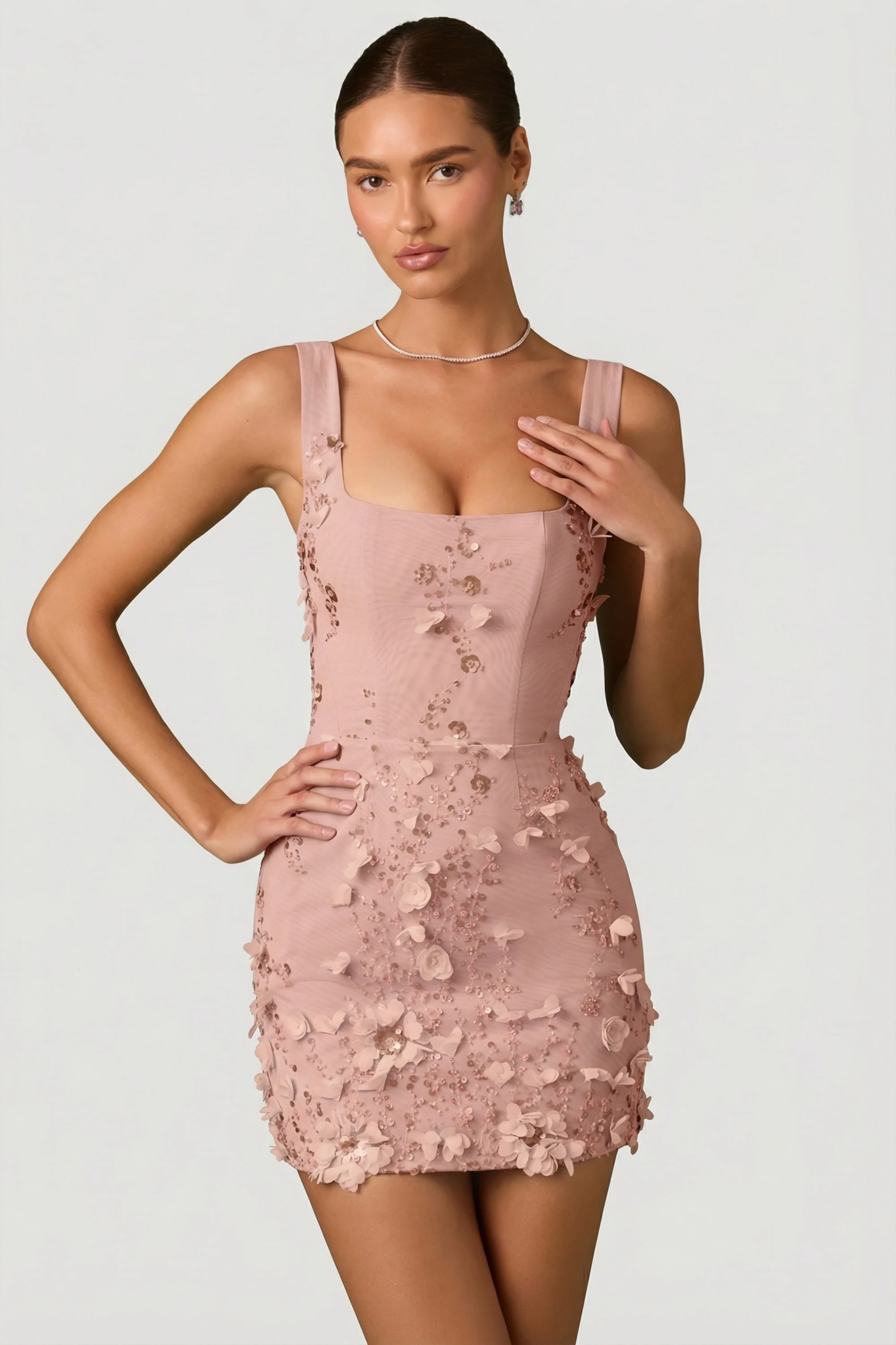 Embellished Appliqué Corset Mini Dress in Dusty Rose - Image 8