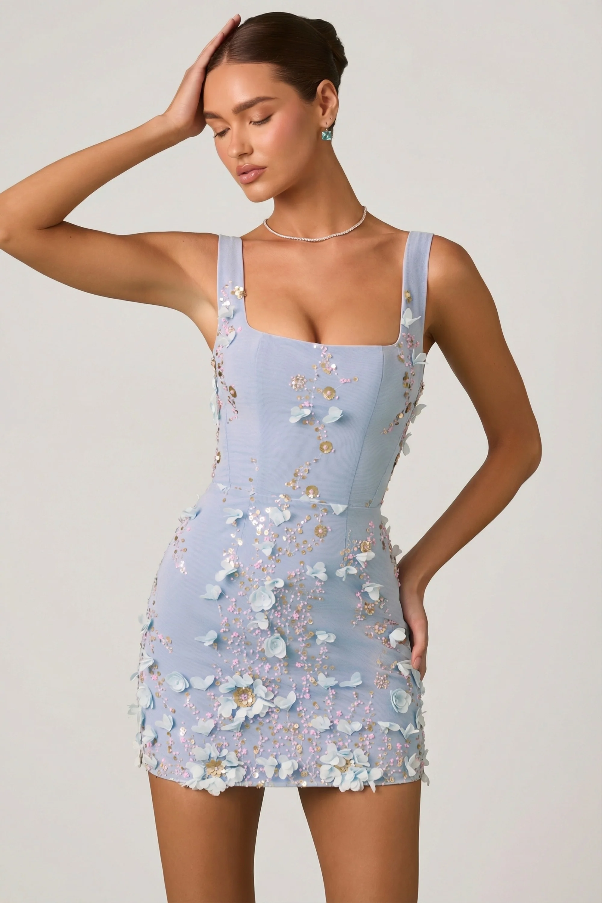 Embellished Appliqué Corset Mini Dress in Sky Blue - Image 7