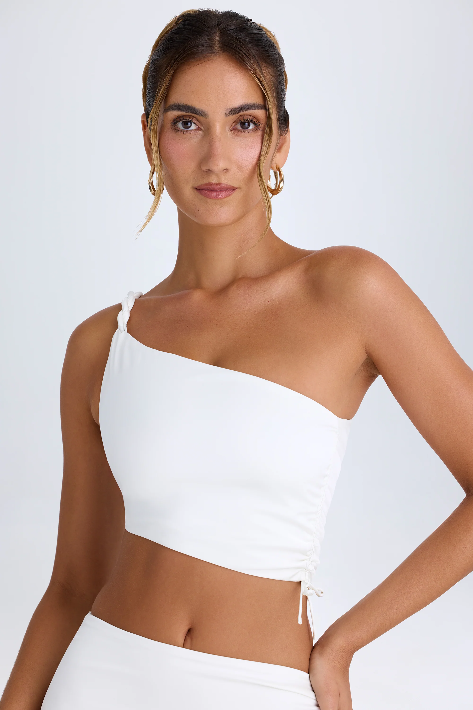 Ruched Asymmetric Crop Top in White - Image 5