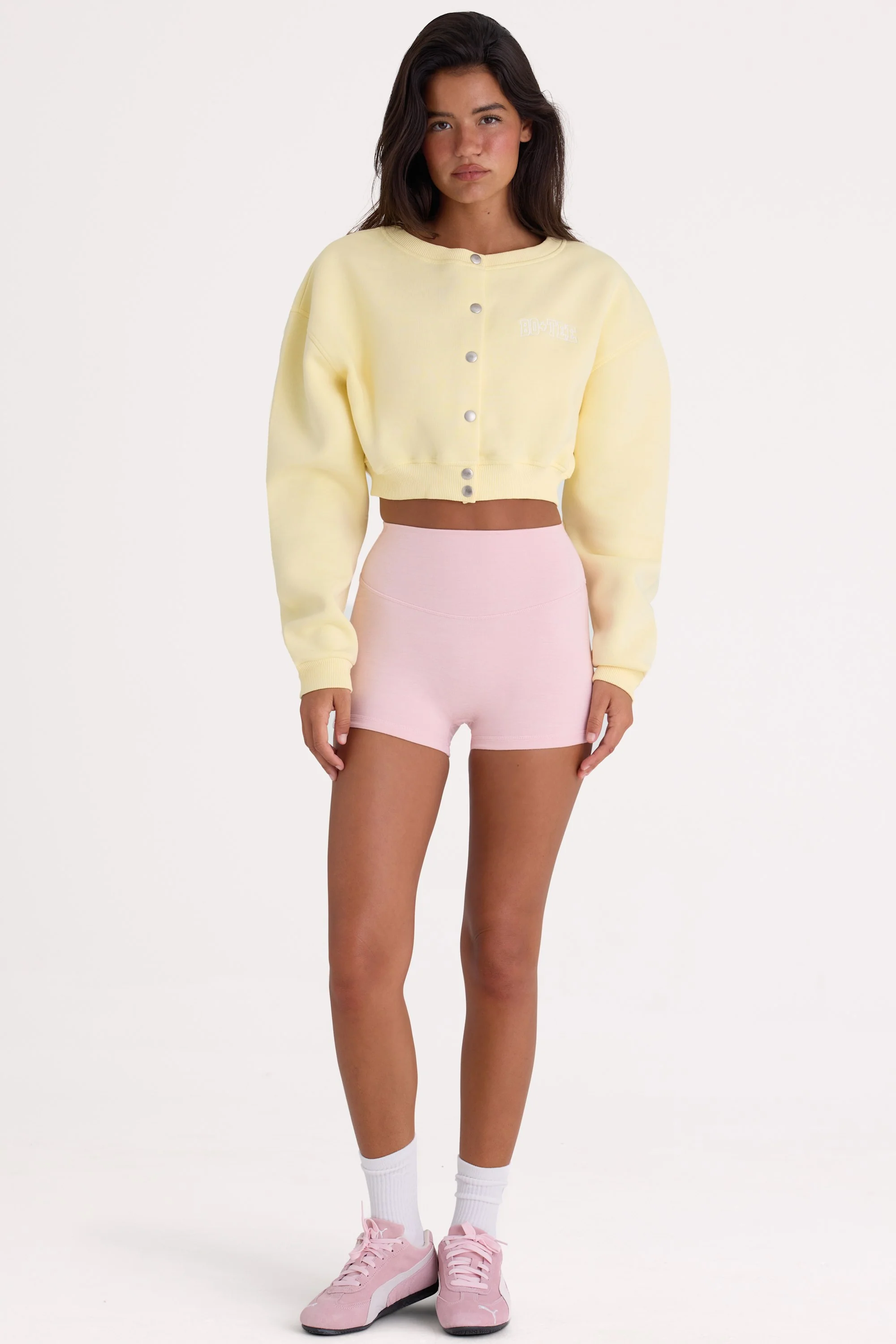 Brushed Jersey Button-Up Cropped Cardigan in Lemon - Image 6