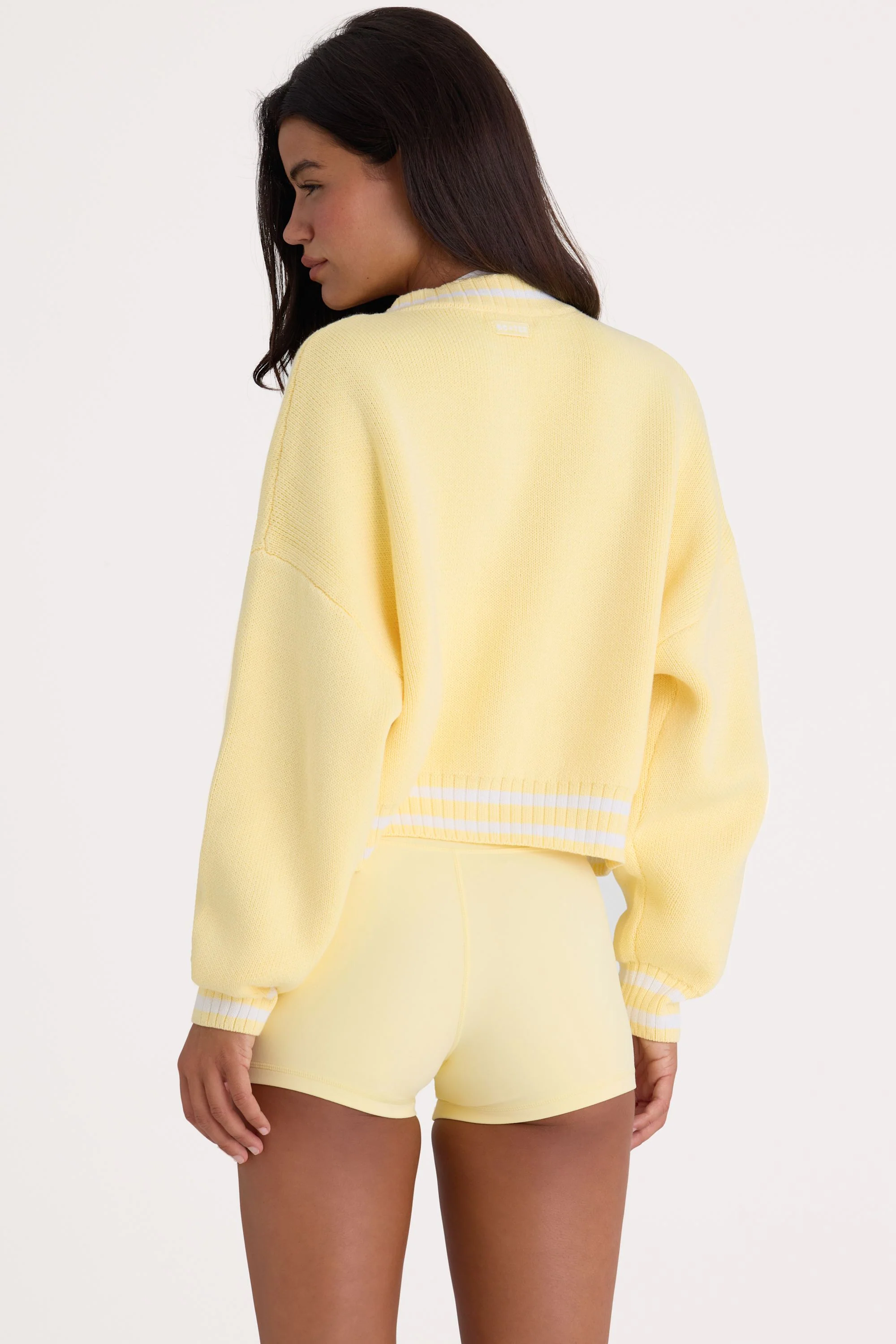 Button-Up Cropped Knit Cardigan in Soft Yellow - Image 2