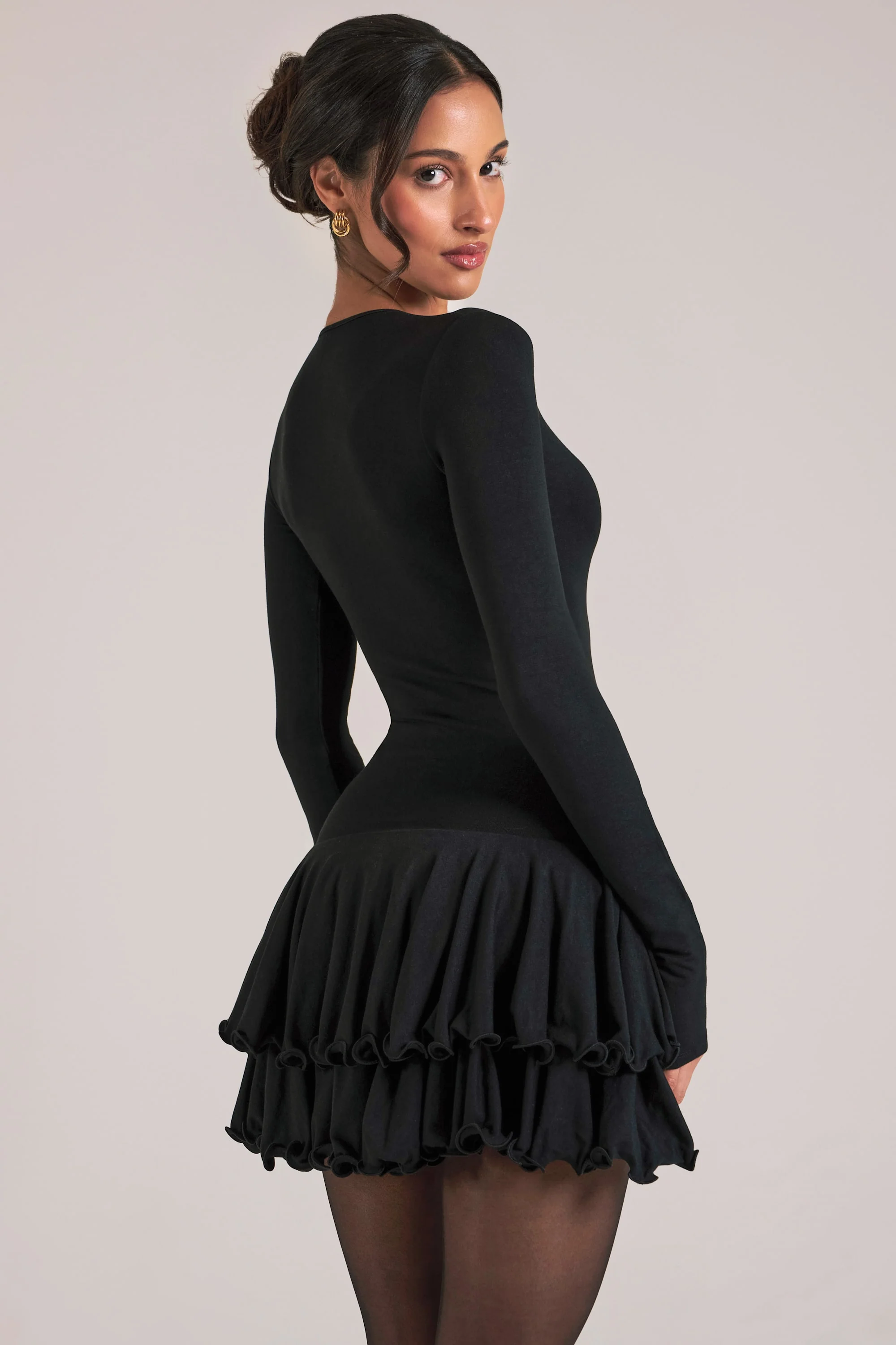 V-Neck Ruffle Skirt Mini Dress in Black - Image 6