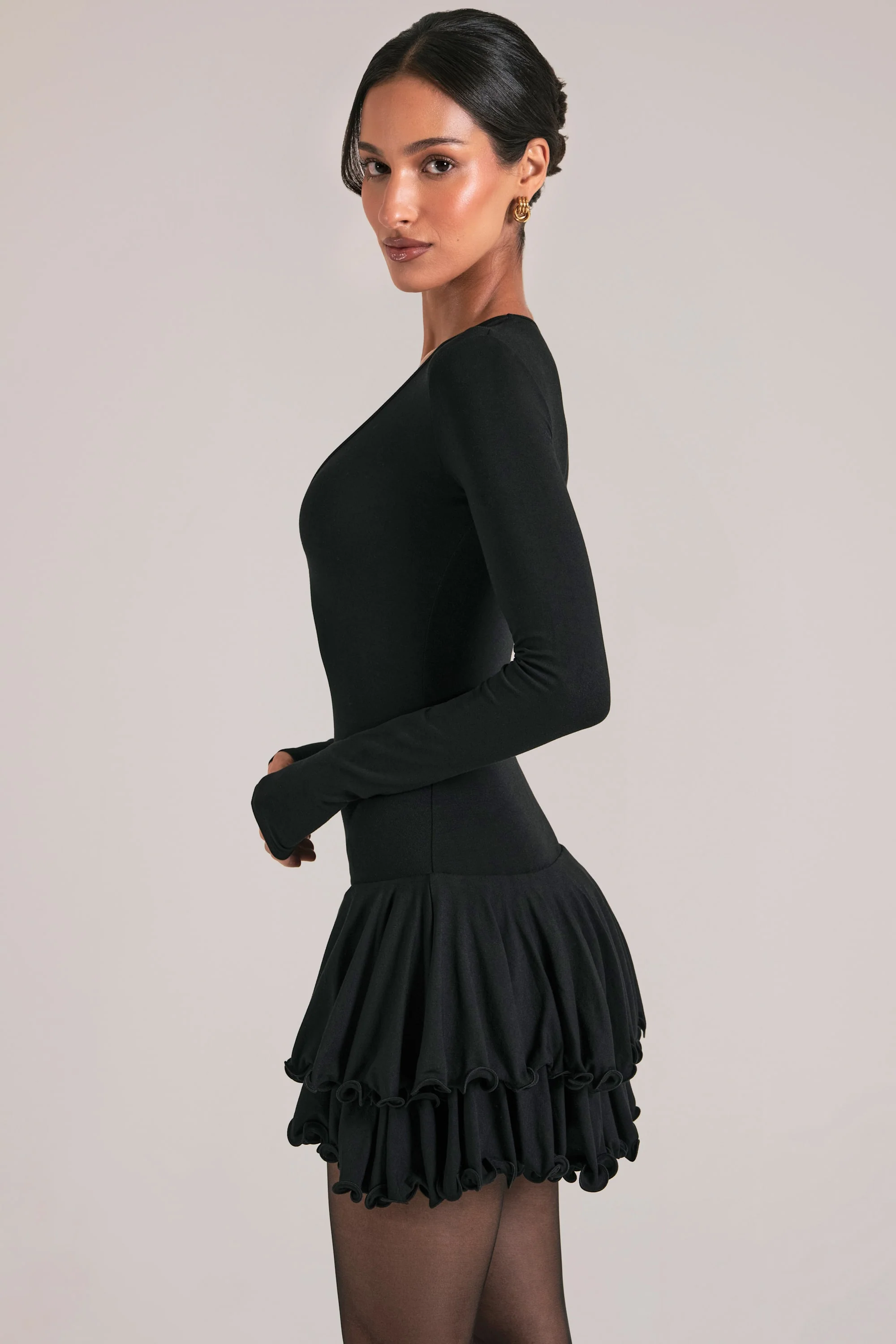 V-Neck Ruffle Skirt Mini Dress in Black - Image 7