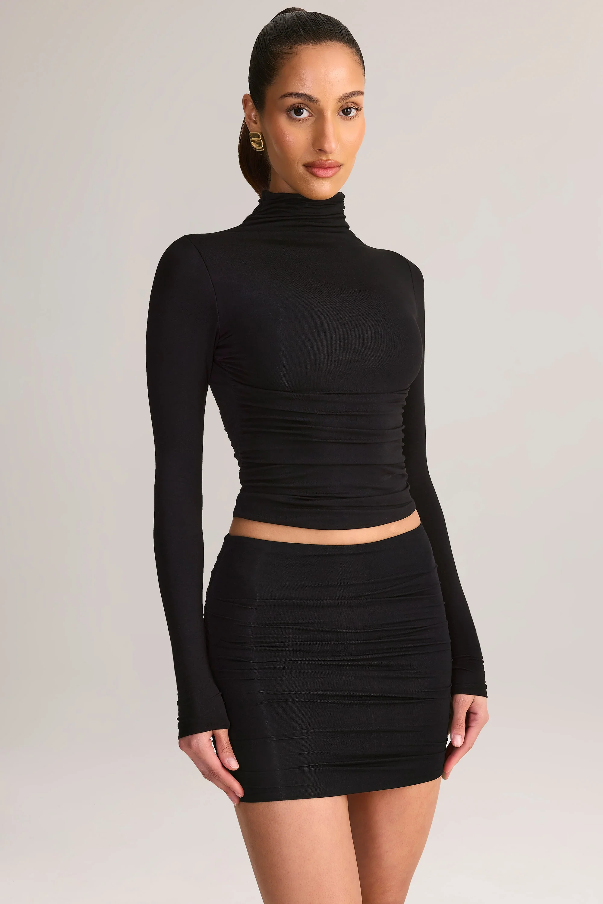 Modal Ruched Mid-Rise Mini Skirt in Black - Image 6