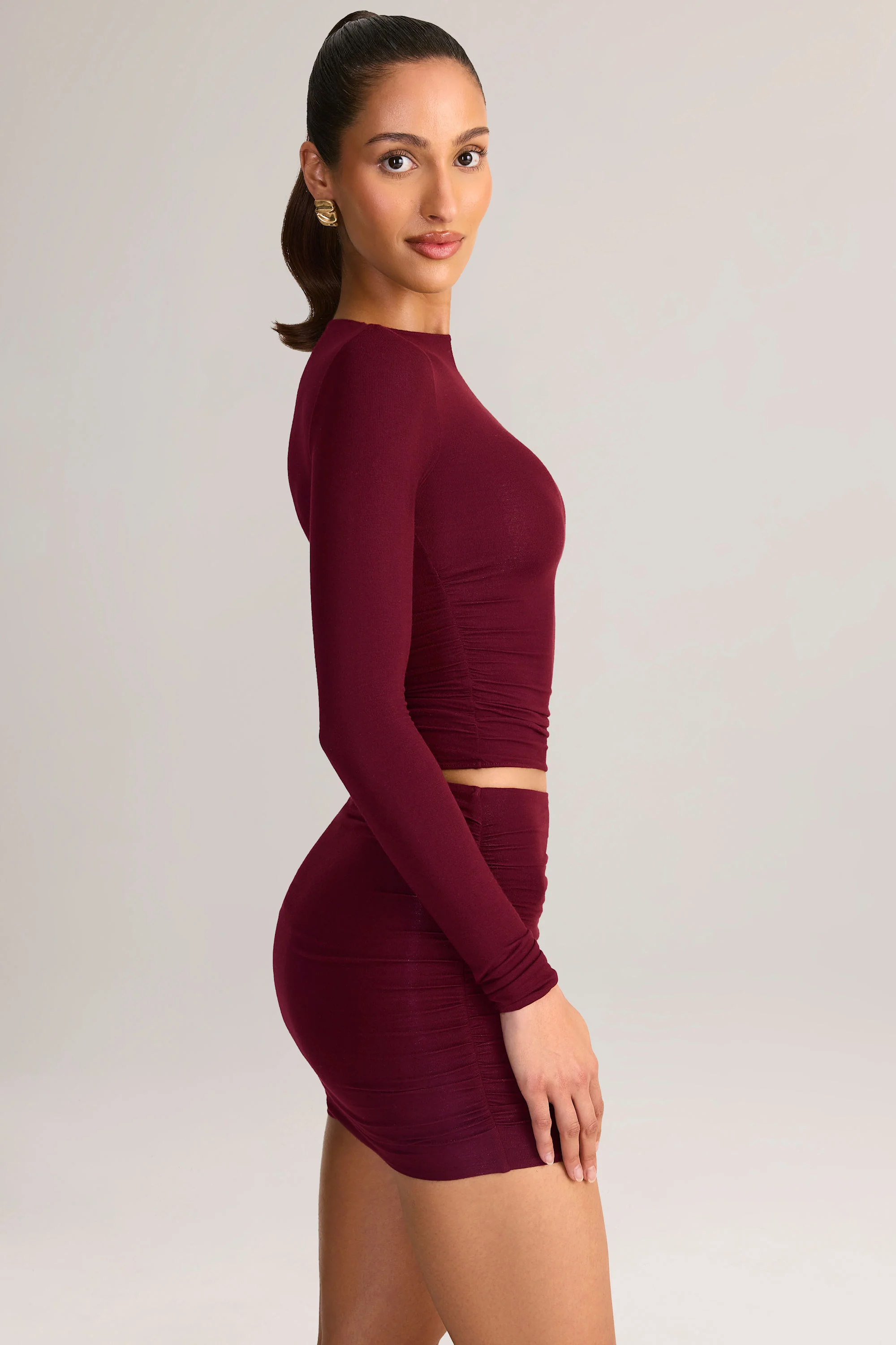 Modal Ruched Mid-Rise Mini Skirt in Wine Red - Image 3