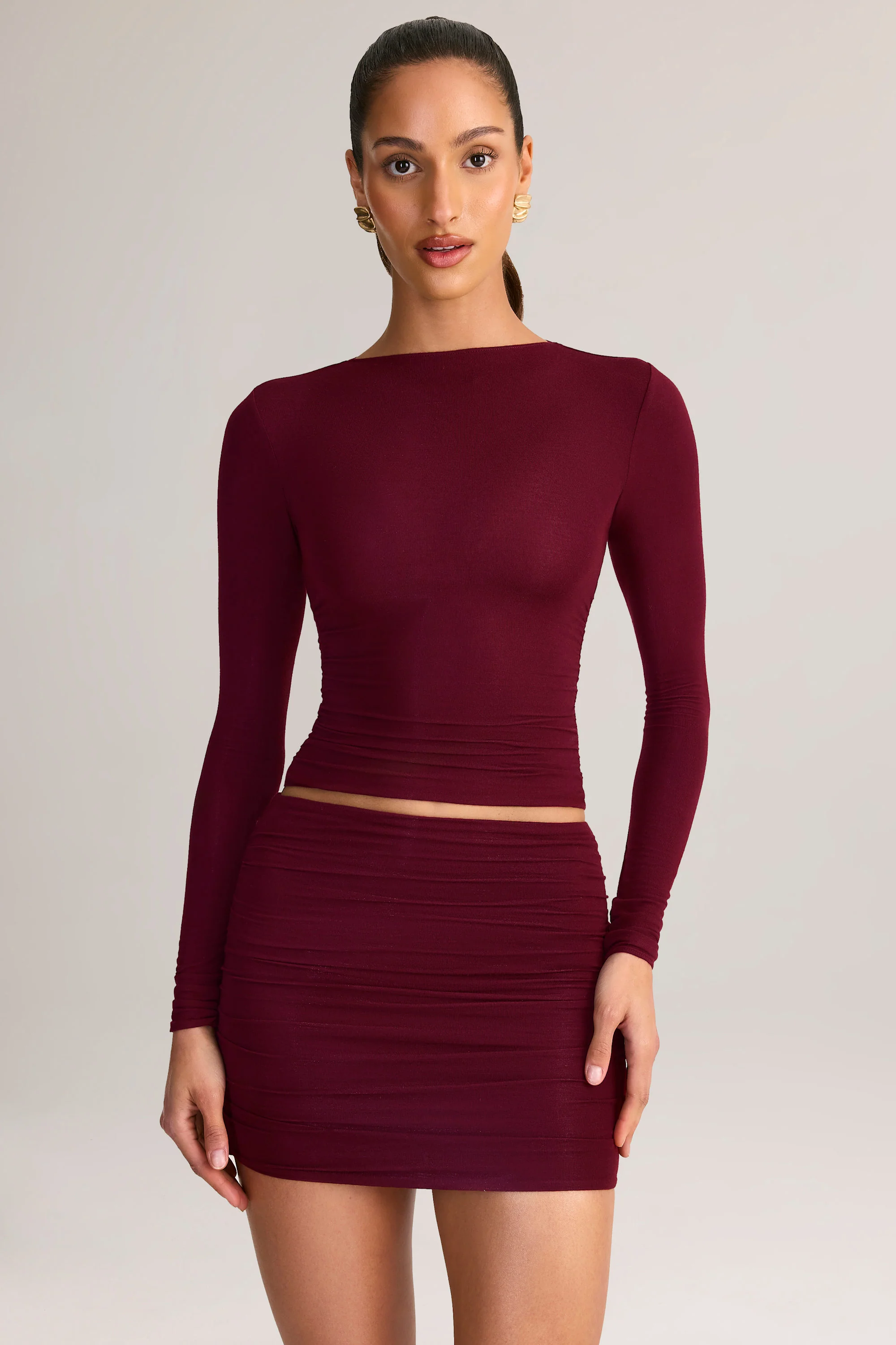 Modal Ruched Mid-Rise Mini Skirt in Wine Red - Image 5